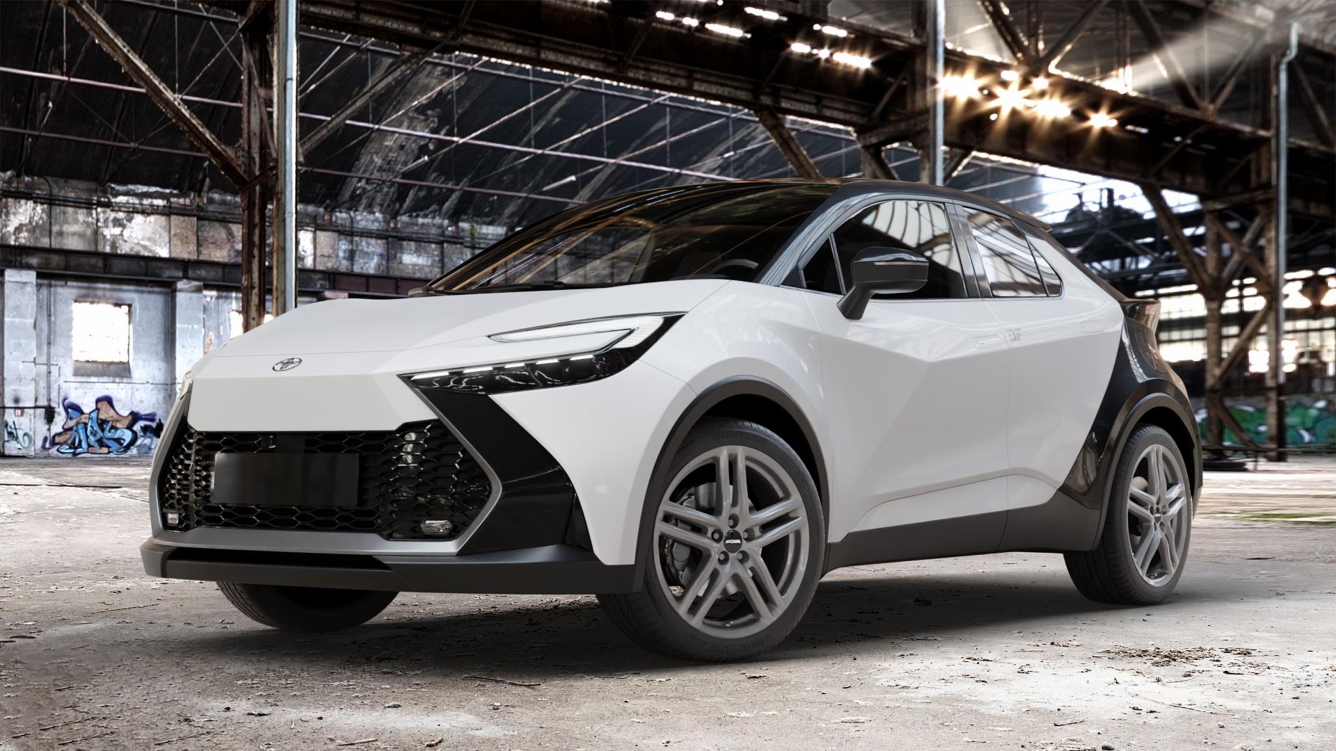 RONAL R65 CERIUM GREY Felge mit Reifen grau anthrazit in 19Zoll Winterfelge Alufelge auf weissem Toyota C-HR Typ AX2T(M) AX2T(M)-TGRE ⬇️ mit 15mm Tieferlegung ⬇️ Old Industrial Hall_max_4400mm_2024 Frontansicht_1