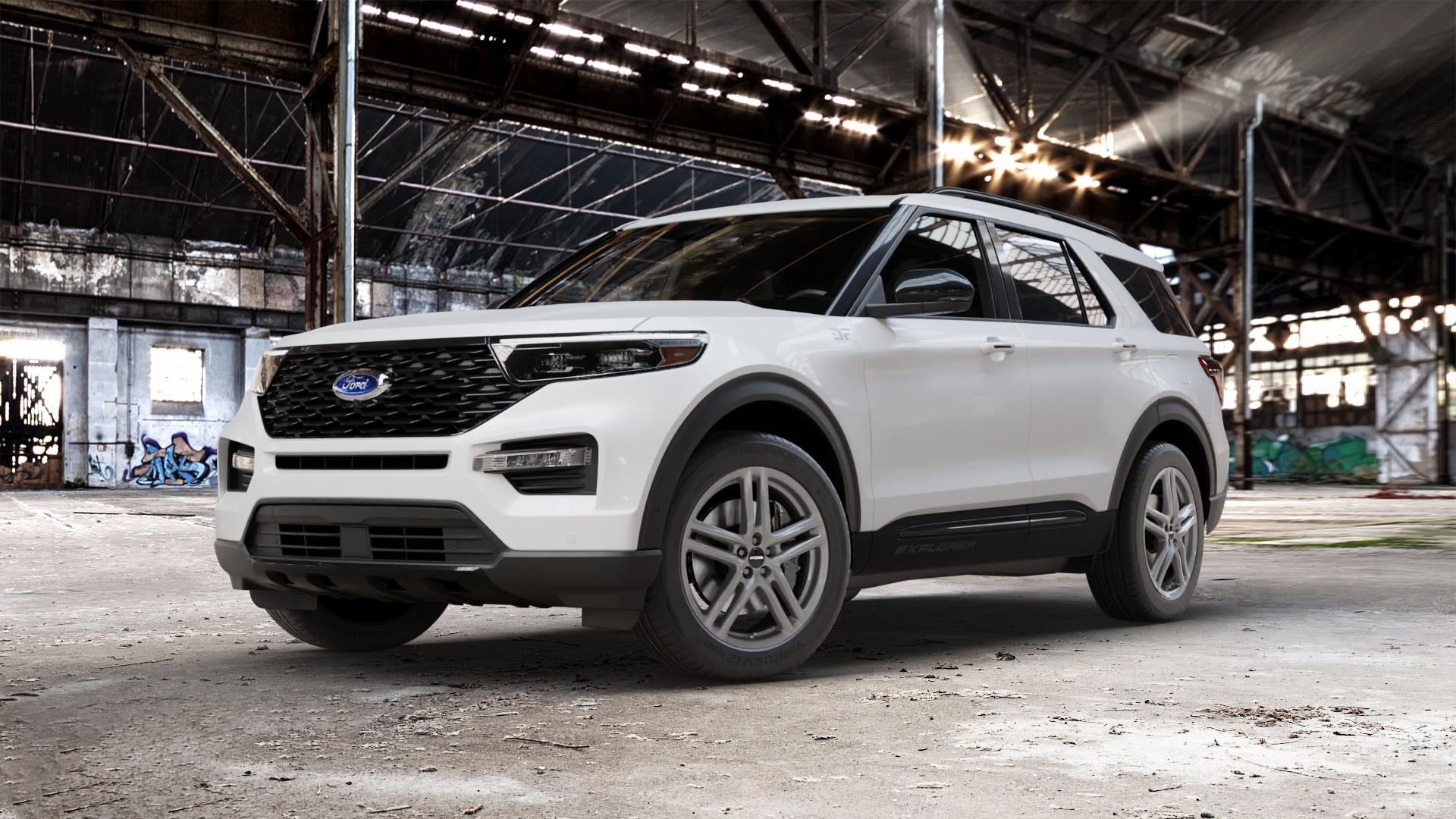 RONAL R65 CERIUM GREY Felge mit Reifen grau anthrazit in 20Zoll Winterfelge Alufelge auf weissem Ford Explorer Typ WUJ ⬇️ mit 15mm Tieferlegung ⬇️ Old Industrial Hall_max_5300mm_2024 Frontansicht_1