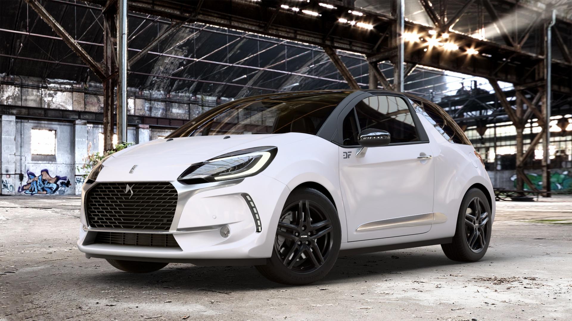 RONAL R65 JETBLACK MATT Felge mit Reifen schwarz in 17Zoll Winterfelge Alufelge auf weissem Citroen DS3 Facelift DS Automobiles Typ S ⬇️ mit 15mm Tieferlegung ⬇️ Old Industrial Hall_max_4400mm_2024 Frontansicht_1