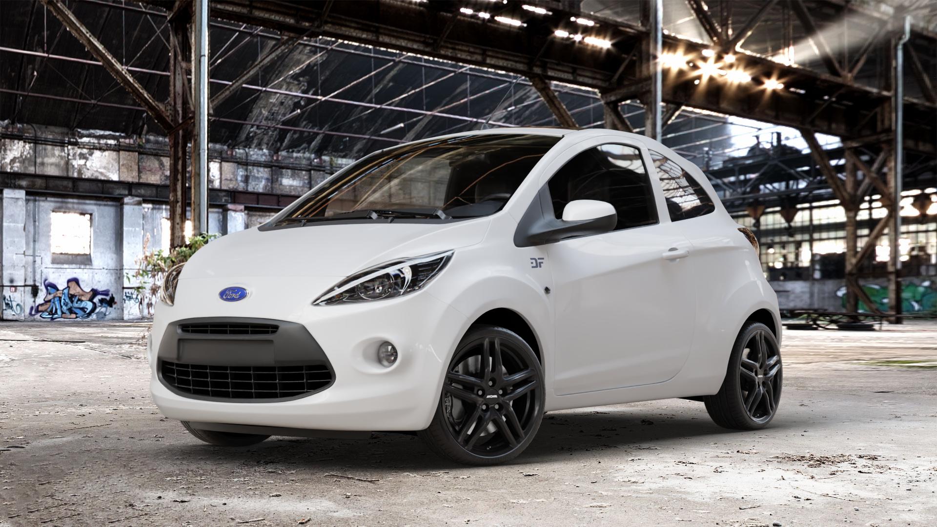 RONAL R65 JETBLACK MATT Felge mit Reifen schwarz in 17Zoll Winterfelge Alufelge auf weissem Ford KA Typ RU8 ⬇️ mit 15mm Tieferlegung ⬇️ Old Industrial Hall_max_4400mm_2024 Frontansicht_1