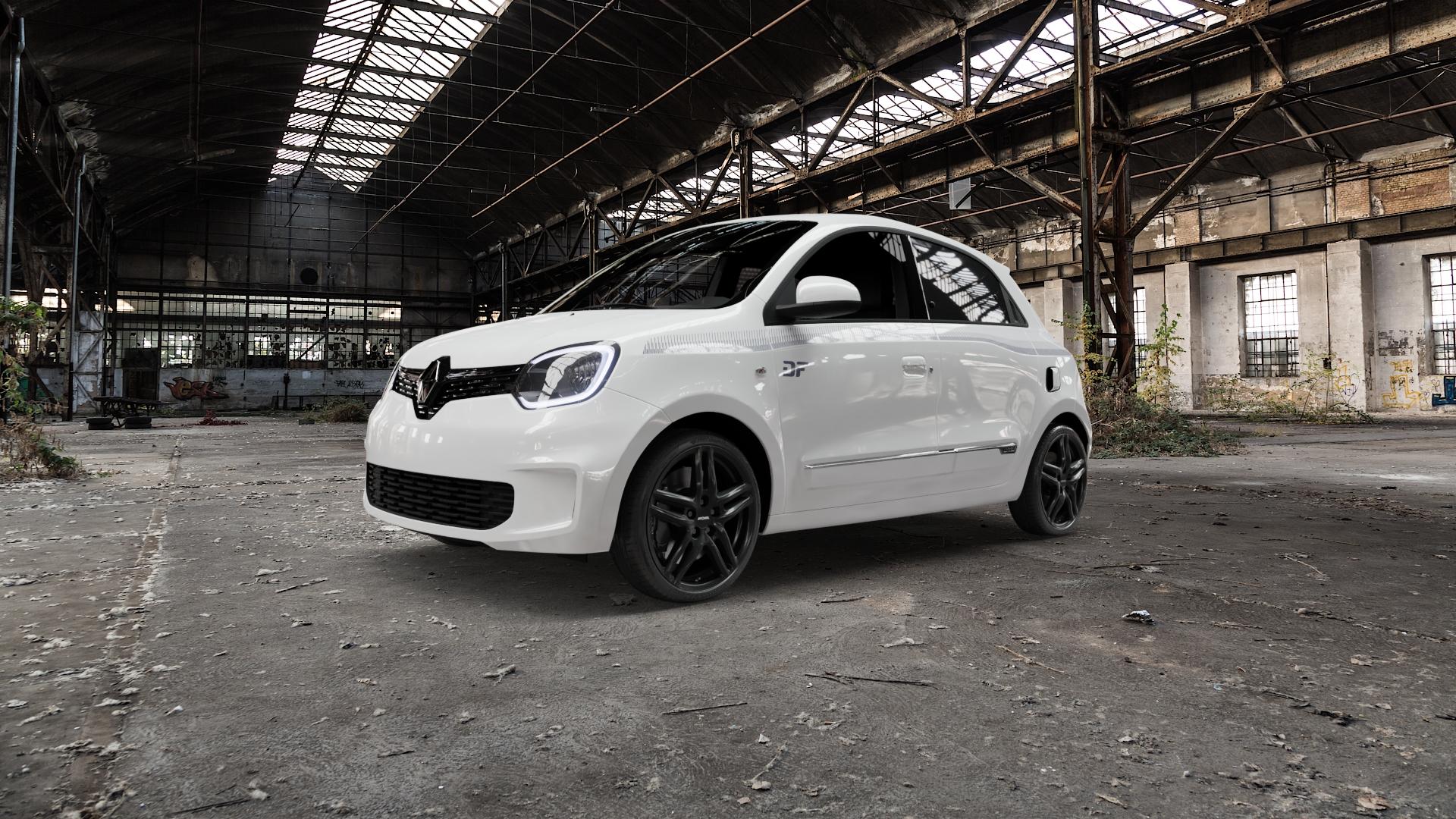 RONAL R65 JETBLACK MATT Felge mit Reifen schwarz in 17Zoll Winterfelge Alufelge auf weissem Renault Twingo III Typ AH Facelift ⬇️ mit 15mm Tieferlegung ⬇️ Old Industrial Hall_max5000mm_2022 Frontansicht_1