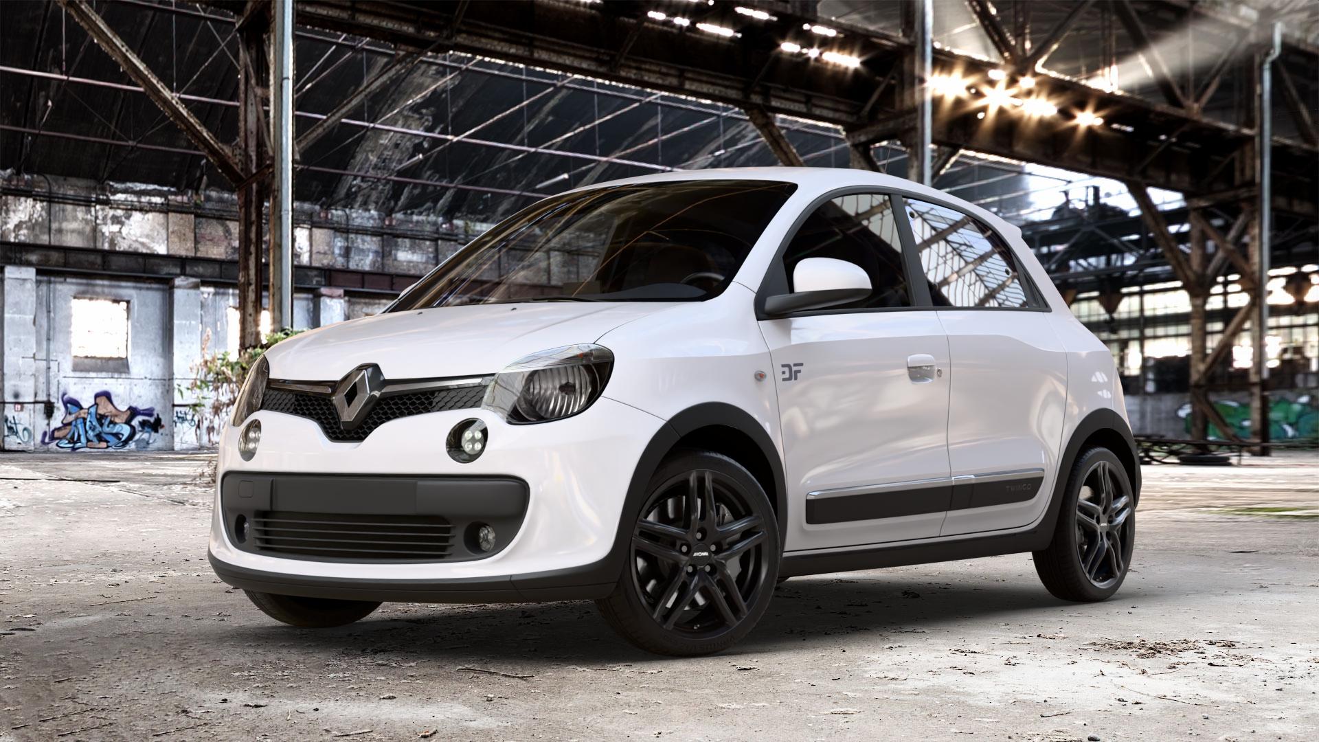 RONAL R65 JETBLACK MATT Felge mit Reifen schwarz in 17Zoll Winterfelge Alufelge auf weissem Renault Twingo III Typ AH ⬇️ mit 15mm Tieferlegung ⬇️ Old Industrial Hall_max_4400mm_2024 Frontansicht_1