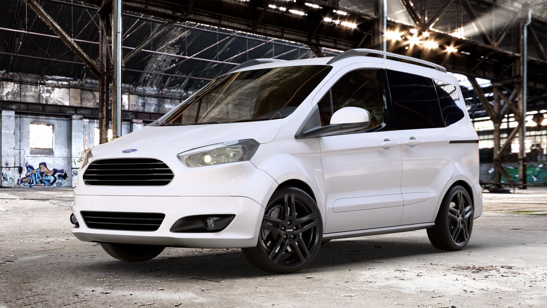 RONAL R65 JETBLACK MATT Felge mit Reifen schwarz in 18Zoll Winterfelge Alufelge auf weissem Ford Tourneo Courier Typ JU2 (14->) N1P ⬇️ mit 15mm Tieferlegung ⬇️ Old Industrial Hall_max_4400mm_2024 Frontansicht_1