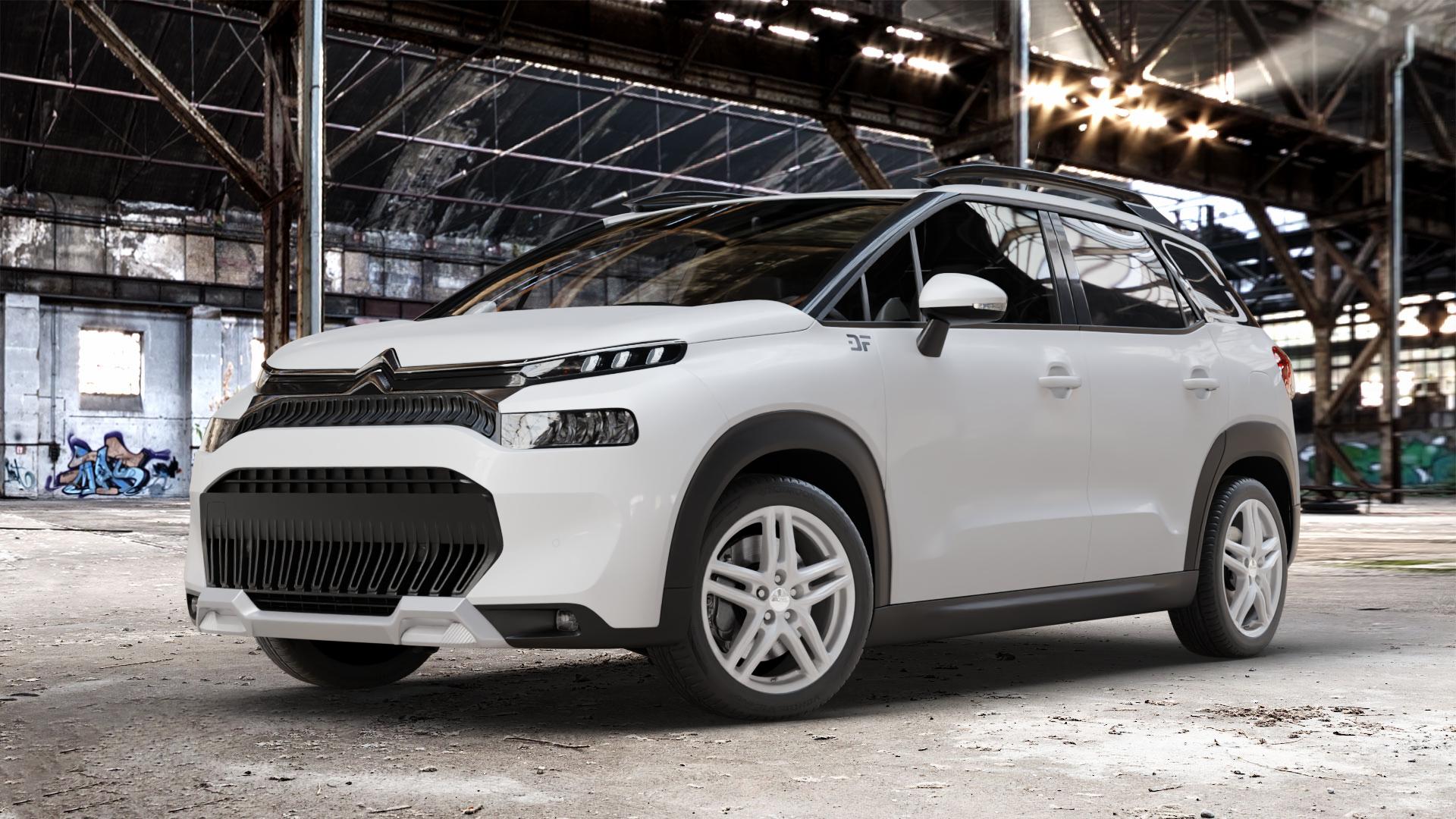 RONAL R65 SILBER Felge mit Reifen in 17Zoll Winterfelge Alufelge auf weissem Citroen C3 Aircross Typ 2 Facelift ⬇️ mit 15mm Tieferlegung ⬇️ Old Industrial Hall_max_4400mm_2024 Frontansicht_1