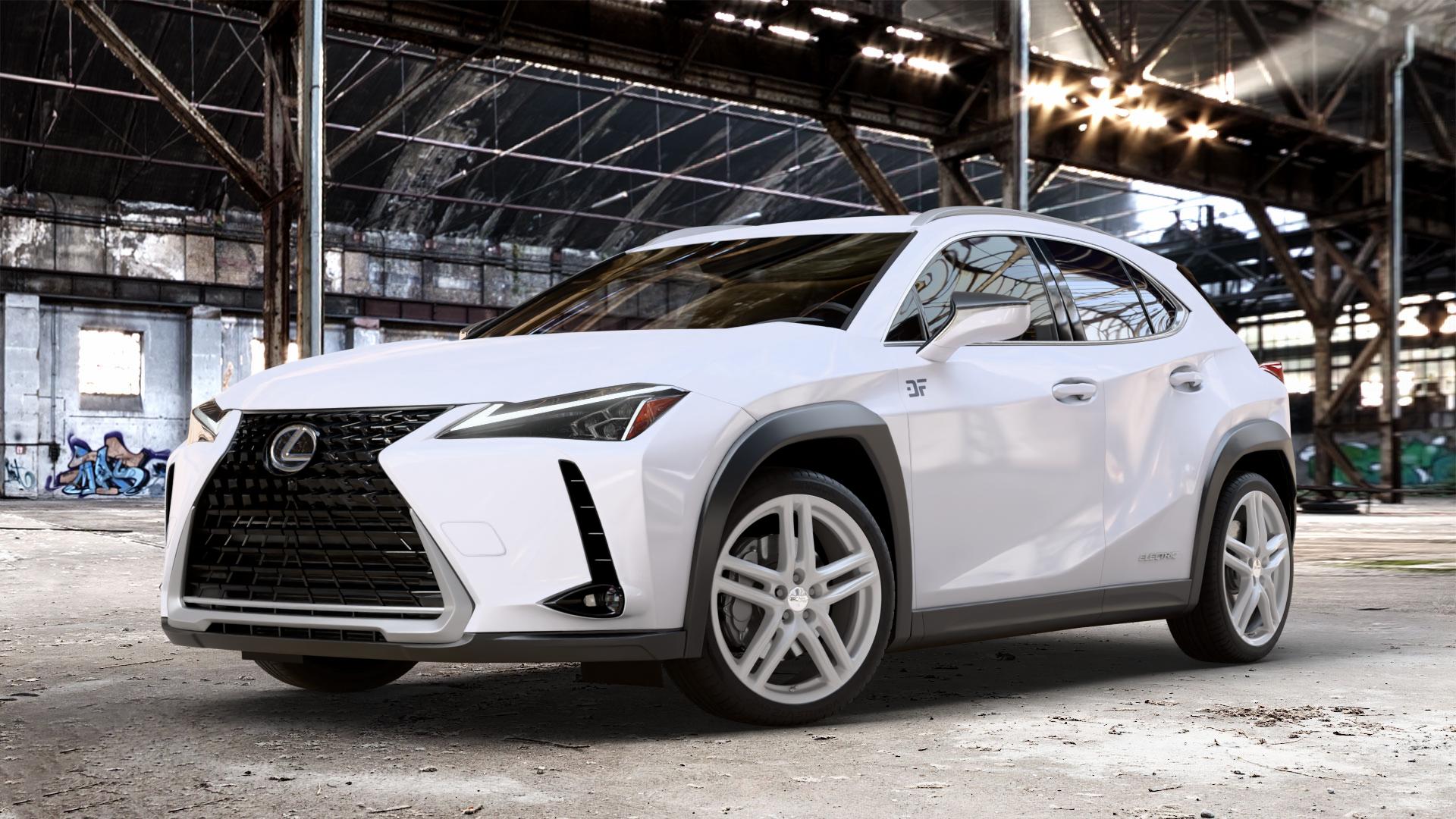RONAL R65 SILBER Felge mit Reifen in 19Zoll Winterfelge Alufelge auf weissem Lexus UX Typ EZA1(EU,M) 0,0l UX300E 57kW (77 PS) ⬇️ mit 15mm Tieferlegung ⬇️ Old Industrial Hall_max_4400mm_2024 Frontansicht_1