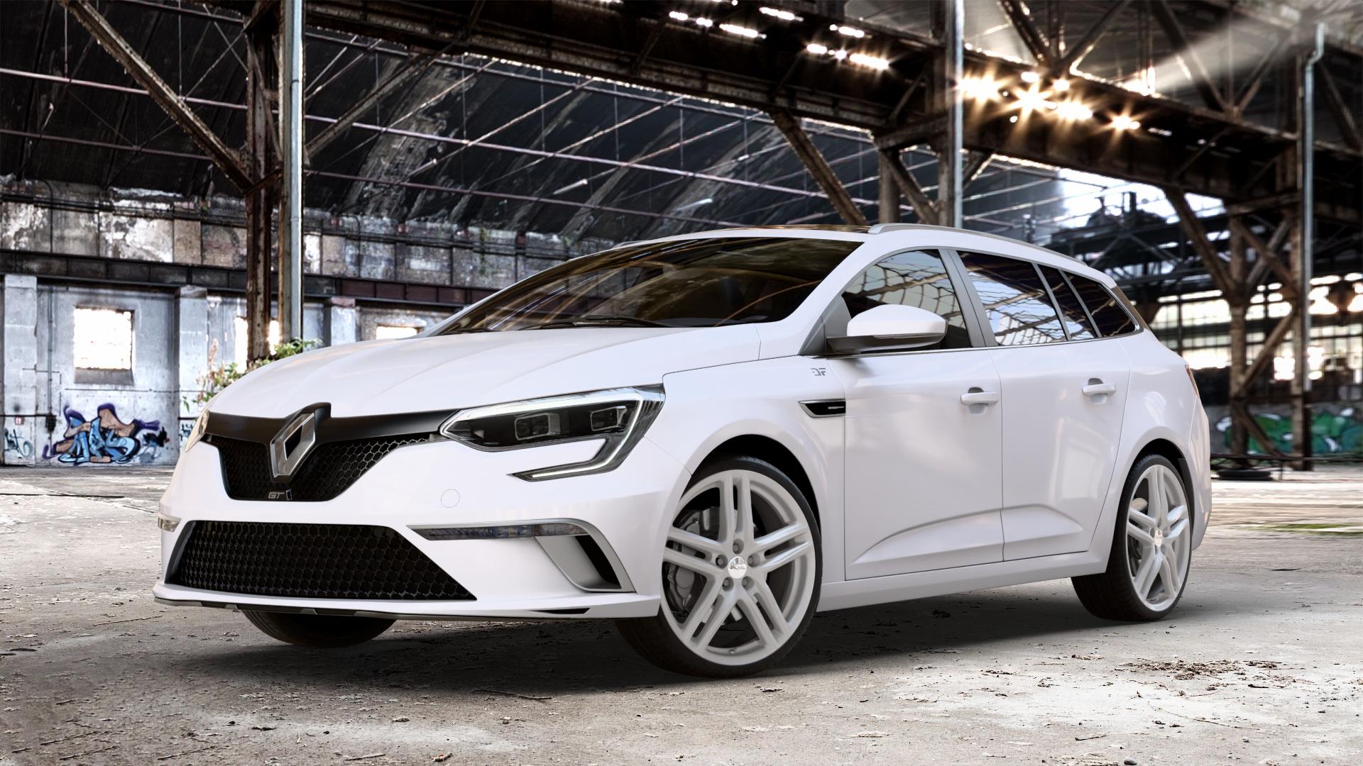 RONAL R65 SILBER Felge mit Reifen in 19Zoll Winterfelge Alufelge auf weissem Renault Megane IV Grandtour Typ RFB Facelift ⬇️ mit 15mm Tieferlegung ⬇️ Old Industrial Hall_max_4400mm_2024 Frontansicht_1