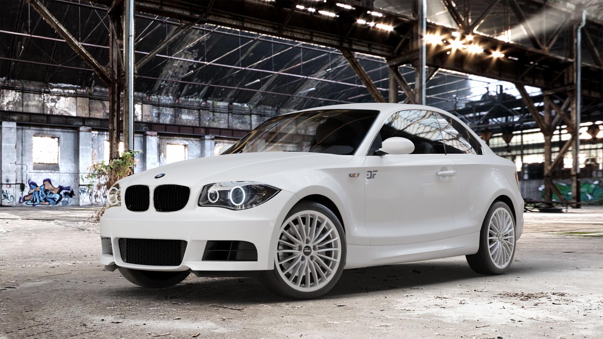 RONAL R68 HYPER GREY Felge mit Reifen grau silber in 18Zoll Winterfelge Alufelge auf weissem BMW 120d Typ E82 (Coupe) 123d 125i 135i 1M 118d 120i 1er Coupé (182, 1C) ⬇️ mit 15mm Tieferlegung ⬇️ Old Industrial Hall_max_4400mm_2024 Frontansicht_1
