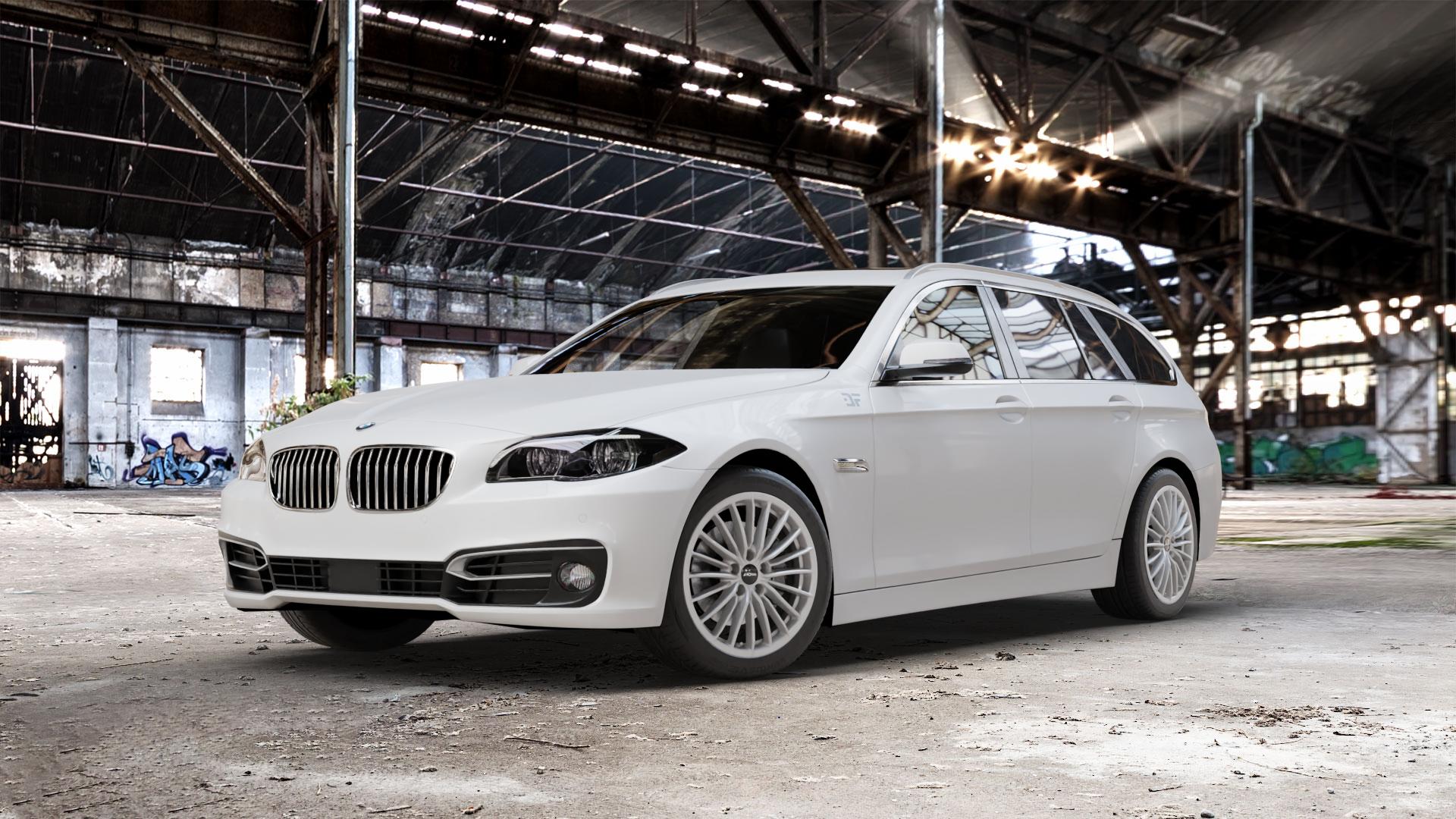 RONAL R68 HYPER GREY Felge mit Reifen grau silber in 18Zoll Winterfelge Alufelge auf weissem BMW 523i Typ F11 (Touring) 535i 520d 530d 528i xDrive 530i 550i 520i 525d 535d 518d 5er Touring (5K, K-N1) ⬇️ mit 15mm Tieferlegung ⬇️ Old Industrial Hall_max_5300mm_2024 Frontansicht_1