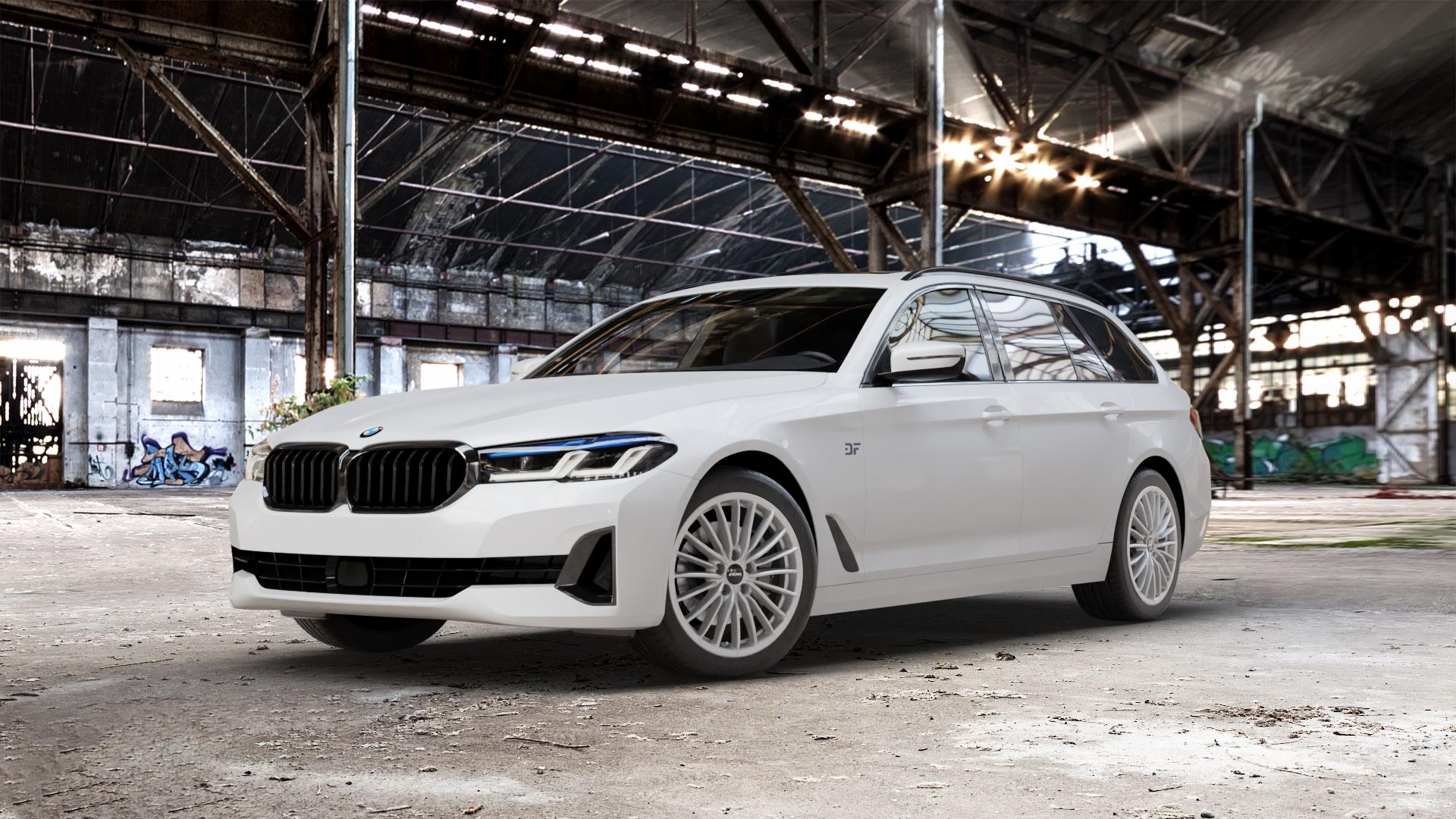 RONAL R68 HYPER GREY Felge mit Reifen grau silber in 18Zoll Winterfelge Alufelge auf weissem BMW 5er G31 Touring (G5K) Facelift ⬇️ mit 15mm Tieferlegung ⬇️ Old Industrial Hall_max_5300mm_2024 Frontansicht_1