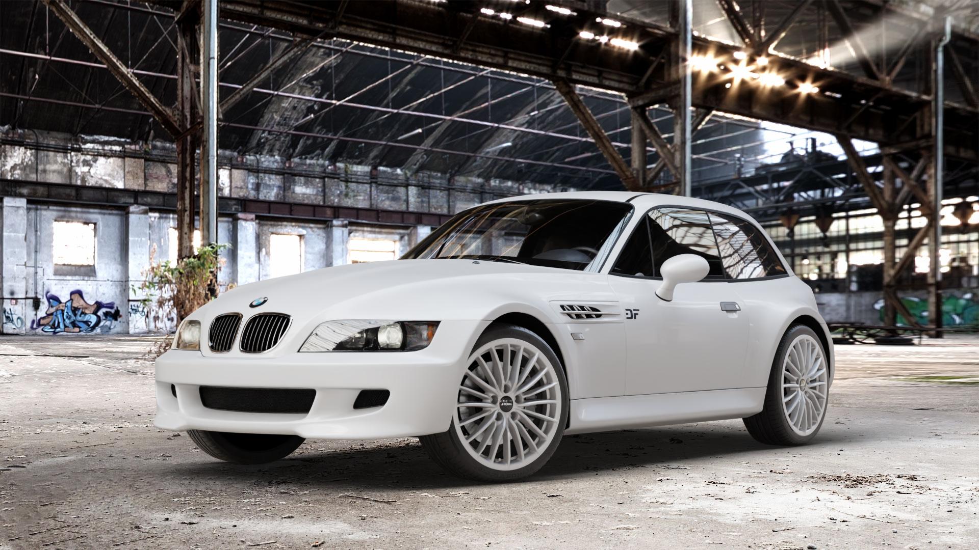 RONAL R68 HYPER GREY Felge mit Reifen grau silber in 18Zoll Winterfelge Alufelge auf weissem BMW Z3 Coupé Typ E36/8(S) (R/C) ⬇️ mit 15mm Tieferlegung ⬇️ Old Industrial Hall_max_4400mm_2024 Frontansicht_1