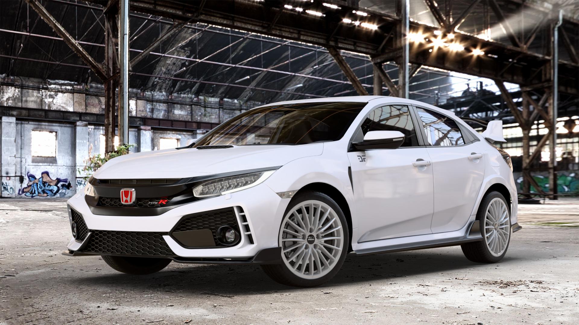 RONAL R68 HYPER GREY Felge mit Reifen grau silber in 18Zoll Winterfelge Alufelge auf weissem Honda Civic 10 Schrägheck (FC) 2,0l Type-R 235kW (320 PS) ⬇️ mit 15mm Tieferlegung ⬇️ Old Industrial Hall_max_4400mm_2024 Frontansicht_1