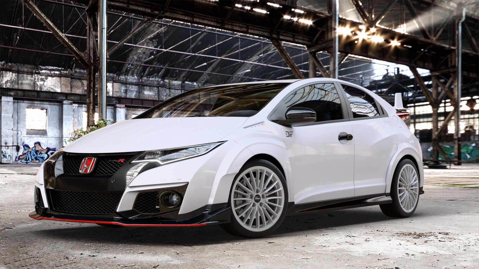 RONAL R68 HYPER GREY Felge mit Reifen grau silber in 18Zoll Winterfelge Alufelge auf weissem Honda Civic 9 Fließheck (FK) 2,0l Type-R (FK2) 228kW (310 PS) ⬇️ mit 15mm Tieferlegung ⬇️ Old Industrial Hall_max_4400mm_2024 Frontansicht_1