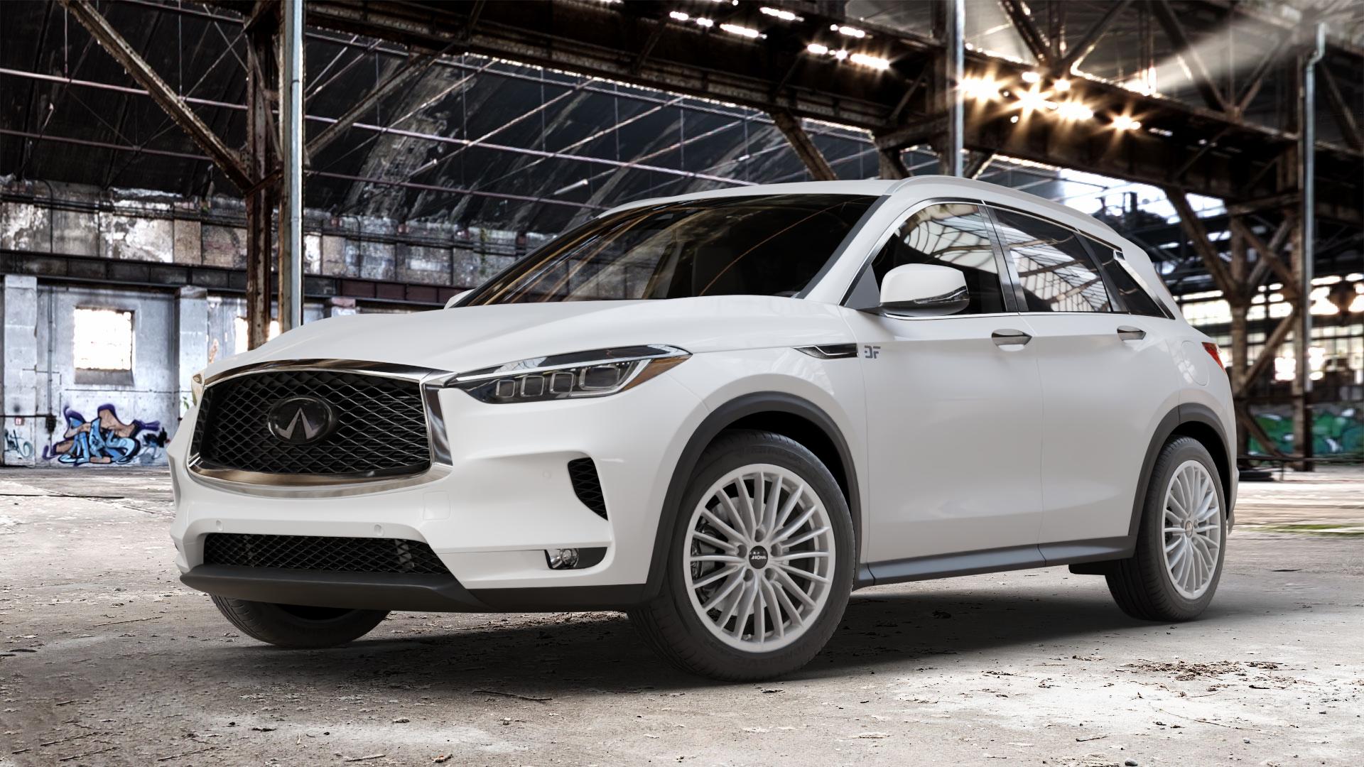 RONAL R68 HYPER GREY Felge mit Reifen grau silber in 18Zoll Winterfelge Alufelge auf weissem Infiniti QX50 Q ⬇️ mit 15mm Tieferlegung ⬇️ Old Industrial Hall_max_4400mm_2024 Frontansicht_1