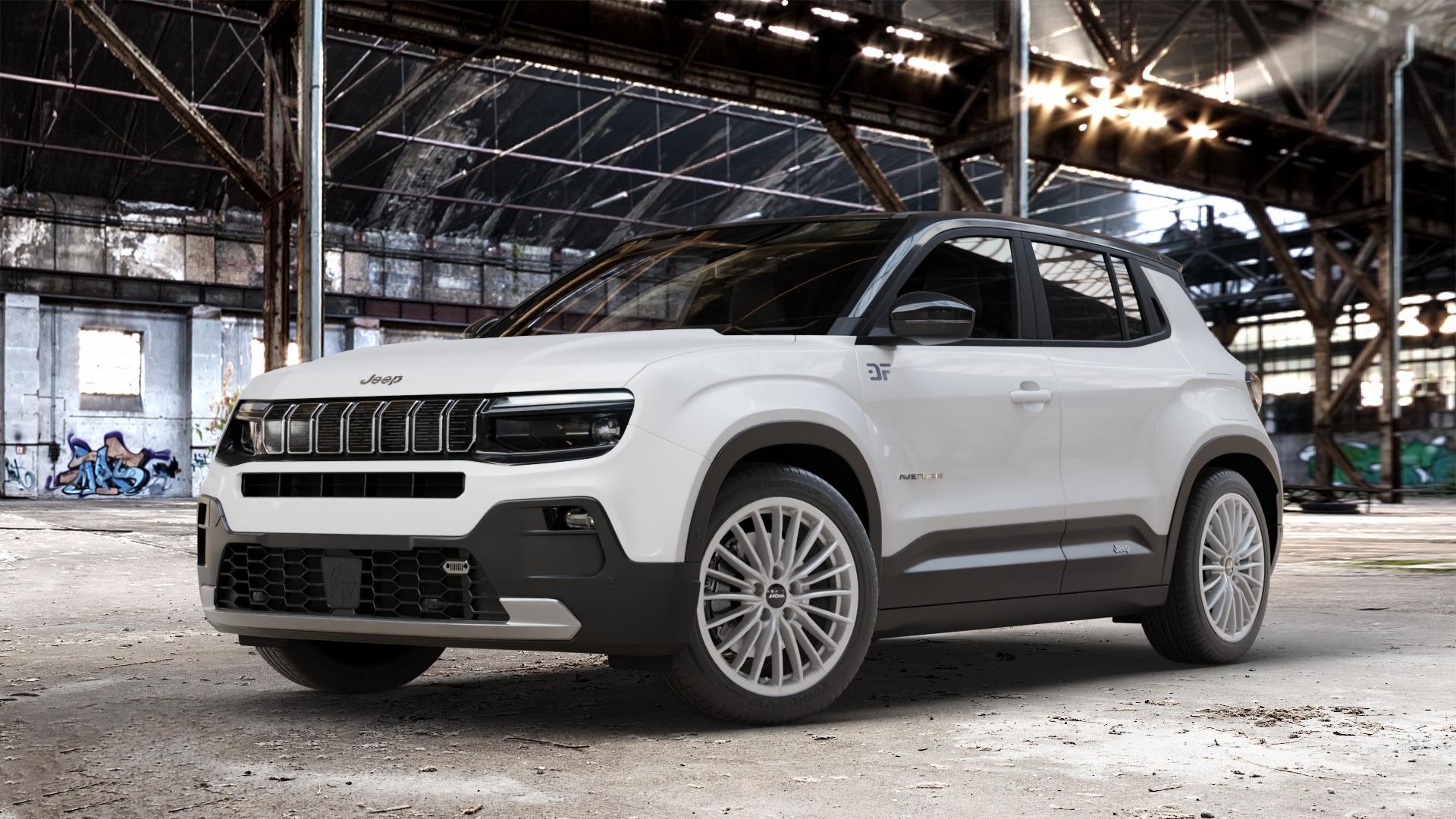 RONAL R68 HYPER GREY Felge mit Reifen grau silber in 18Zoll Winterfelge Alufelge auf weissem Jeep Avenger Typ FH1 ⬇️ mit 15mm Tieferlegung ⬇️ Old Industrial Hall_max_4400mm_2024 Frontansicht_1