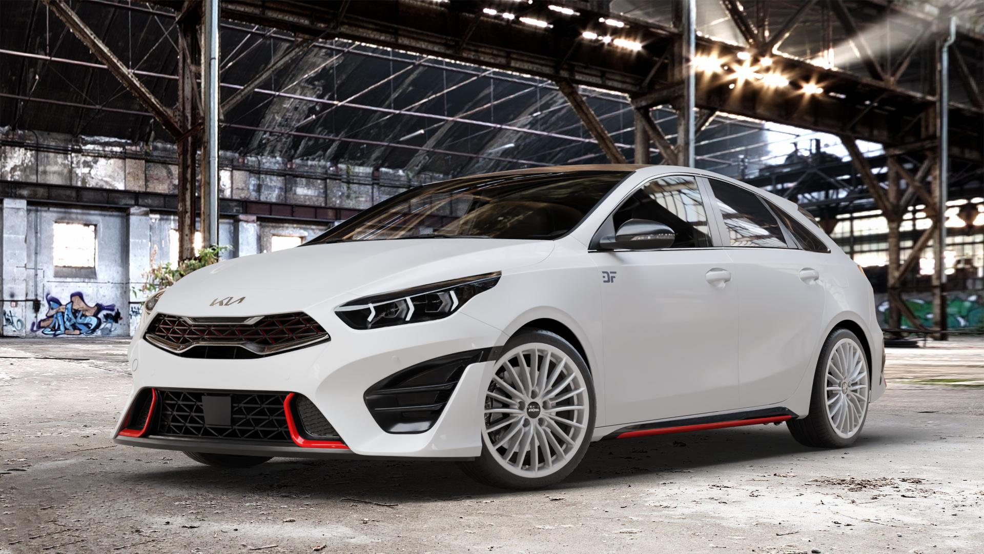 RONAL R68 HYPER GREY Felge mit Reifen grau silber in 18Zoll Winterfelge Alufelge auf weissem Kia ProCeed Typ CD Facelift Pro Cee d ⬇️ mit 15mm Tieferlegung ⬇️ Old Industrial Hall_max_4400mm_2024 Frontansicht_1