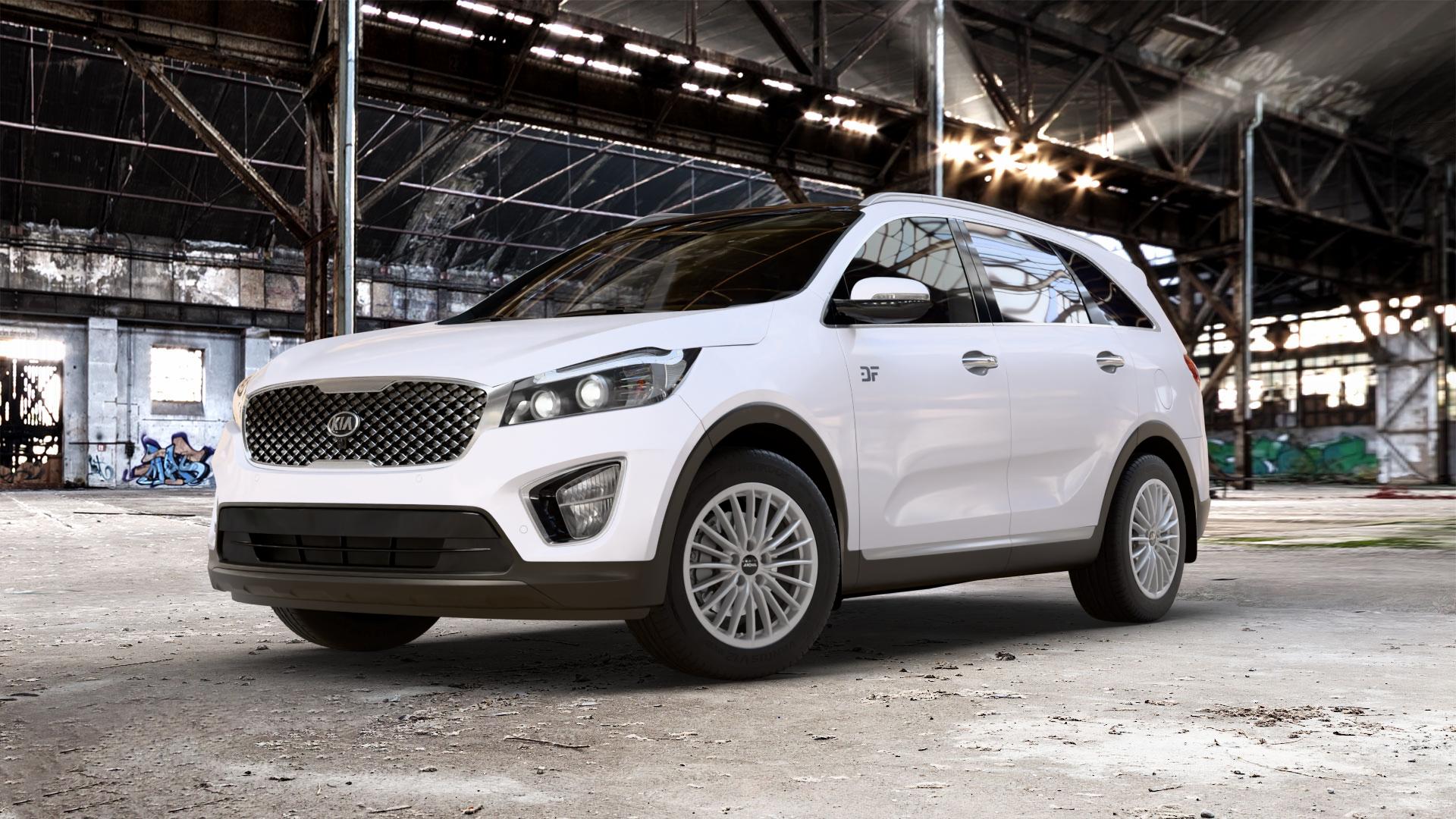 RONAL R68 HYPER GREY Felge mit Reifen grau silber in 18Zoll Winterfelge Alufelge auf weissem Kia Sorento III Typ UM ⬇️ mit 15mm Tieferlegung ⬇️ Old Industrial Hall_max_5300mm_2024 Frontansicht_1