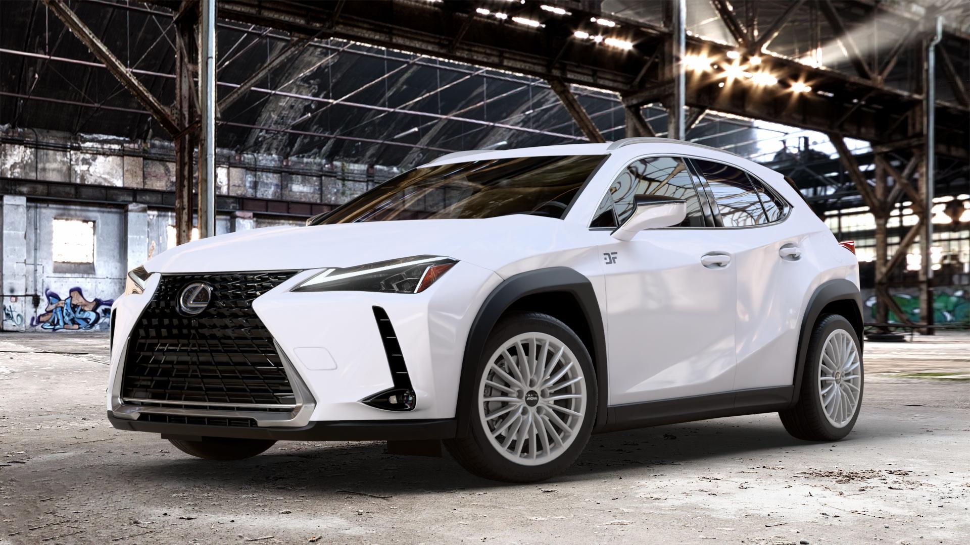 RONAL R68 HYPER GREY Felge mit Reifen grau silber in 18Zoll Winterfelge Alufelge auf weissem Lexus UX Typ ZA1(EU,M) 2,0l 200 127kW (173 PS) 250h 112kW (152 ZA1(EU,M)-TMG ⬇️ mit 15mm Tieferlegung ⬇️ Old Industrial Hall_max_4400mm_2024 Frontansicht_1