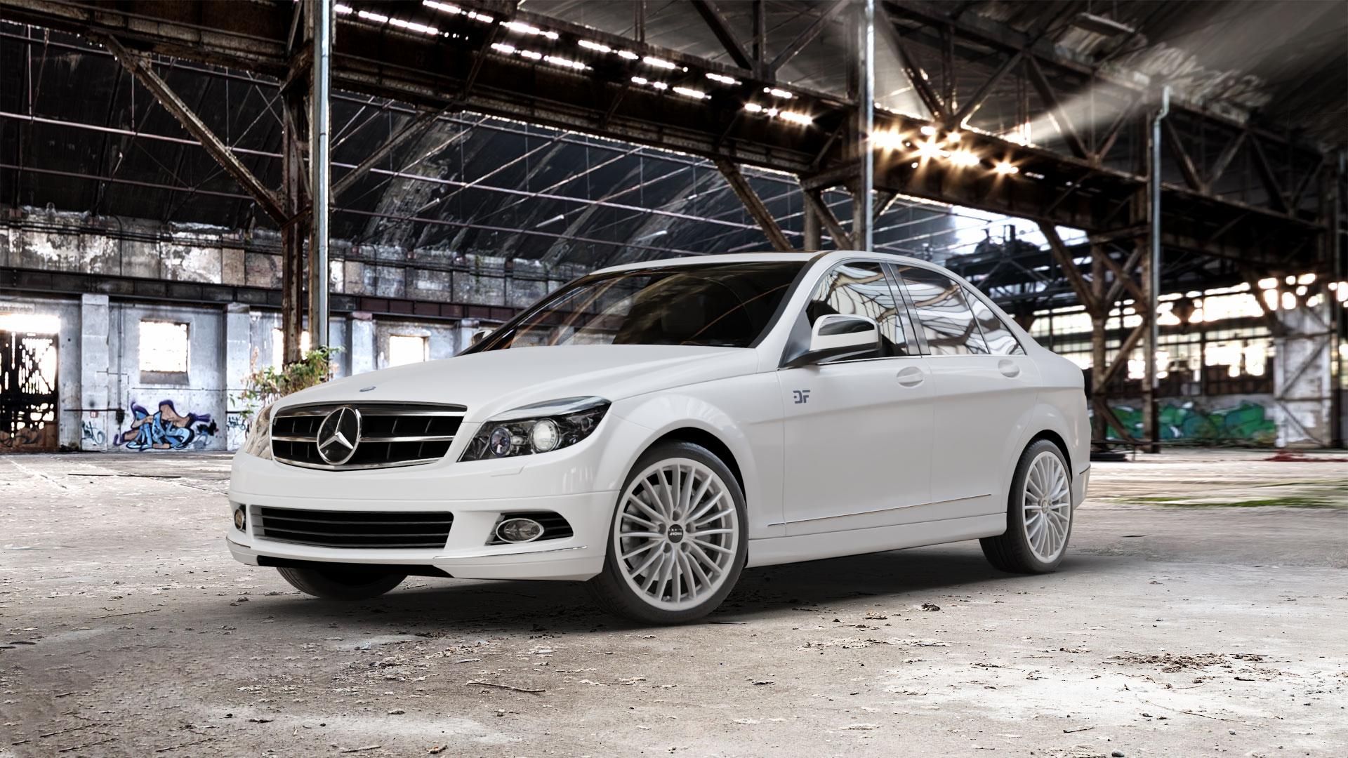 RONAL R68 HYPER GREY Felge mit Reifen grau silber in 18Zoll Winterfelge Alufelge auf weissem Mercedes C-Klasse Typ W204 Limousine ⬇️ mit 15mm Tieferlegung ⬇️ Old Industrial Hall_max_5300mm_2024 Frontansicht_1