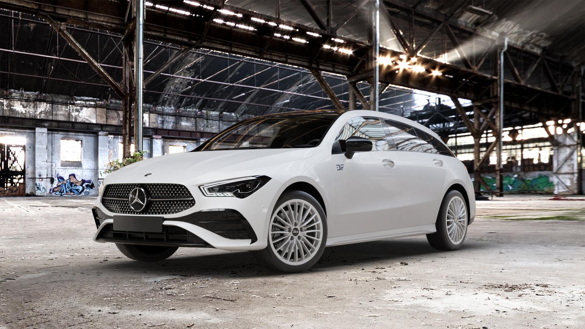RONAL R68 HYPER GREY Felge mit Reifen grau silber in 18Zoll Winterfelge Alufelge auf weissem Mercedes CLA-Klasse II Shooting Brake Typ C118 (F2CLA) Facelift ⬇️ mit 15mm Tieferlegung ⬇️ Old Industrial Hall_max_5300mm_2024 Frontansicht_1