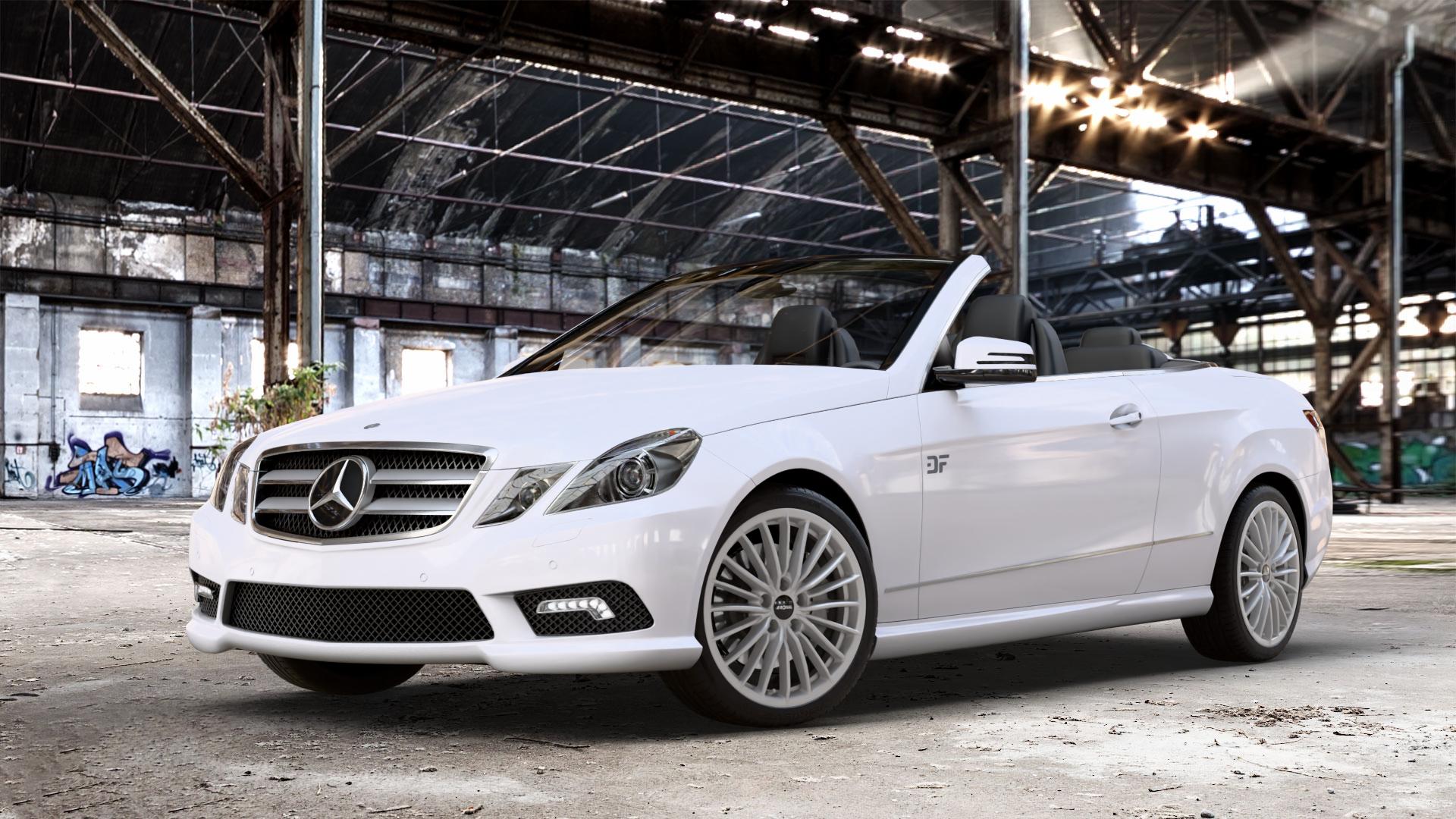 RONAL R68 HYPER GREY Felge mit Reifen grau silber in 18Zoll Winterfelge Alufelge auf weissem Mercedes E-Klasse Typ A207 Cabriolet ⬇️ mit 15mm Tieferlegung ⬇️ Old Industrial Hall_max_4400mm_2024 Frontansicht_1