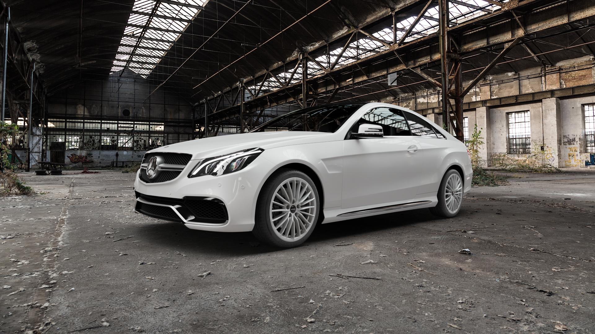 RONAL R68 HYPER GREY Felge mit Reifen grau silber in 18Zoll Winterfelge Alufelge auf weissem Mercedes E-Klasse Typ C207 Coupe Facelift ⬇️ mit 15mm Tieferlegung ⬇️ Old Industrial Hall_max5000mm_2022 Frontansicht_1