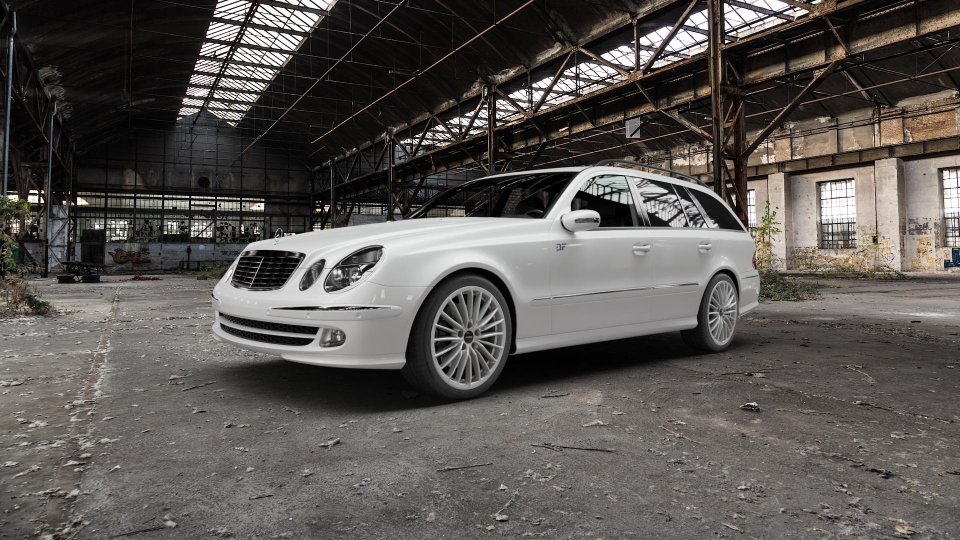 RONAL R68 HYPER GREY Felge mit Reifen grau silber in 18Zoll Winterfelge Alufelge auf weissem Mercedes E-Klasse Typ S211 Kombi ⬇️ mit 15mm Tieferlegung ⬇️ Old Industrial Hall_max5000mm_2022 Frontansicht_1