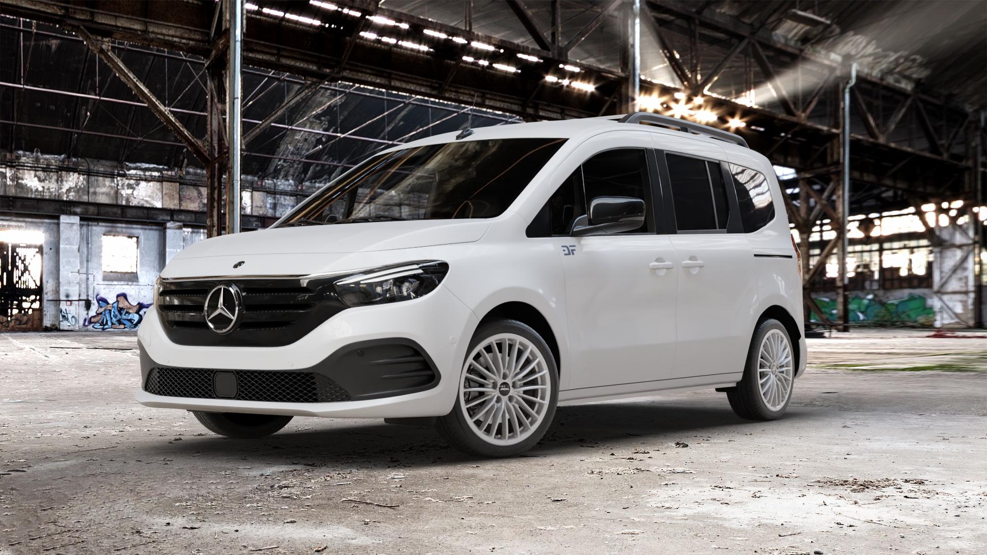 RONAL R68 HYPER GREY Felge mit Reifen grau silber in 18Zoll Winterfelge Alufelge auf weissem Mercedes EQT Typ MFK ⬇️ mit 15mm Tieferlegung ⬇️ Old Industrial Hall_max_5300mm_2024 Frontansicht_1