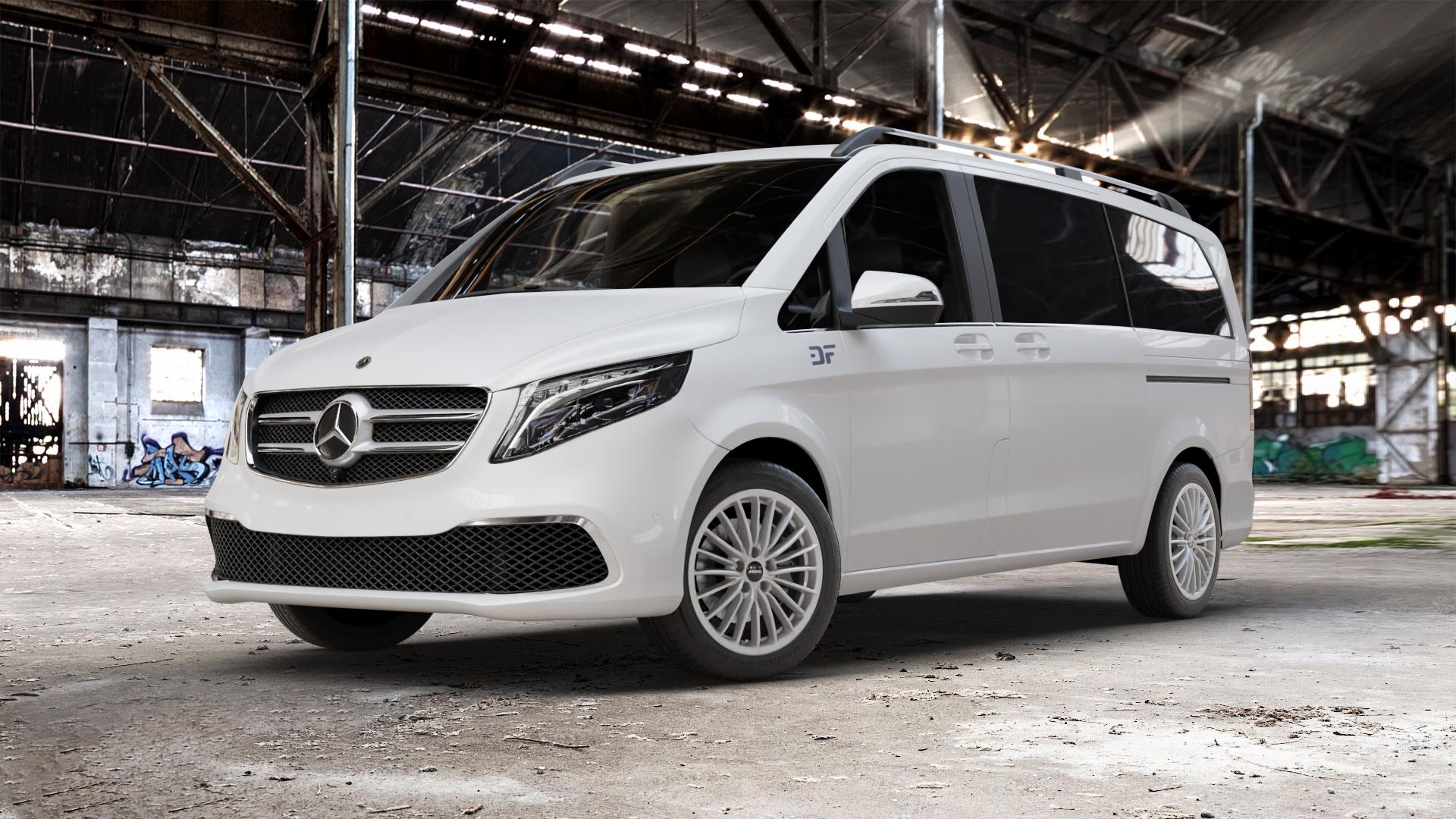RONAL R68 HYPER GREY Felge mit Reifen grau silber in 18Zoll Winterfelge Alufelge auf weissem Mercedes V-Klasse Typ W447 Facelift Marco Polo Vito Tourer ⬇️ mit 15mm Tieferlegung ⬇️ Old Industrial Hall_max_5300mm_2024 Frontansicht_1
