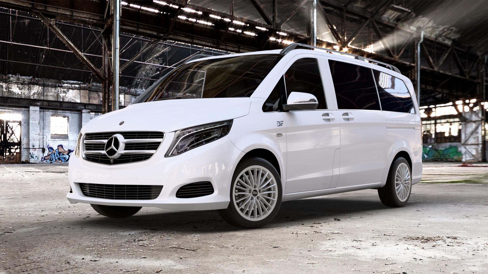 RONAL R68 HYPER GREY Felge mit Reifen grau silber in 18Zoll Winterfelge Alufelge auf weissem Mercedes V-Klasse Typ W447 Vito Kasten Mixto Tourer Marco Polo ⬇️ mit 15mm Tieferlegung ⬇️ Old Industrial Hall_max_5300mm_2024 Frontansicht_1