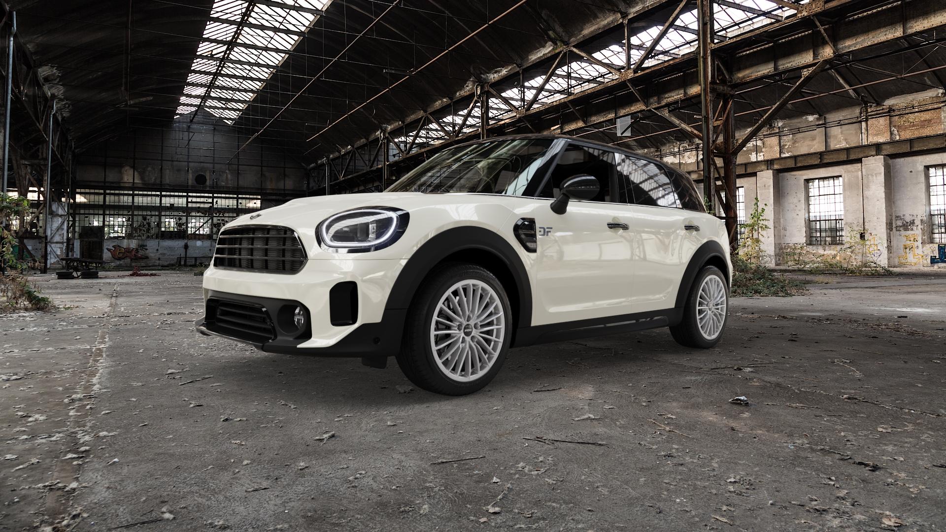 RONAL R68 HYPER GREY Felge mit Reifen grau silber in 18Zoll Winterfelge Alufelge auf weissem Mini F60 Typ FMX (Countryman) Facelift ⬇️ mit 15mm Tieferlegung ⬇️ Old Industrial Hall_max5000mm_2022 Frontansicht_1