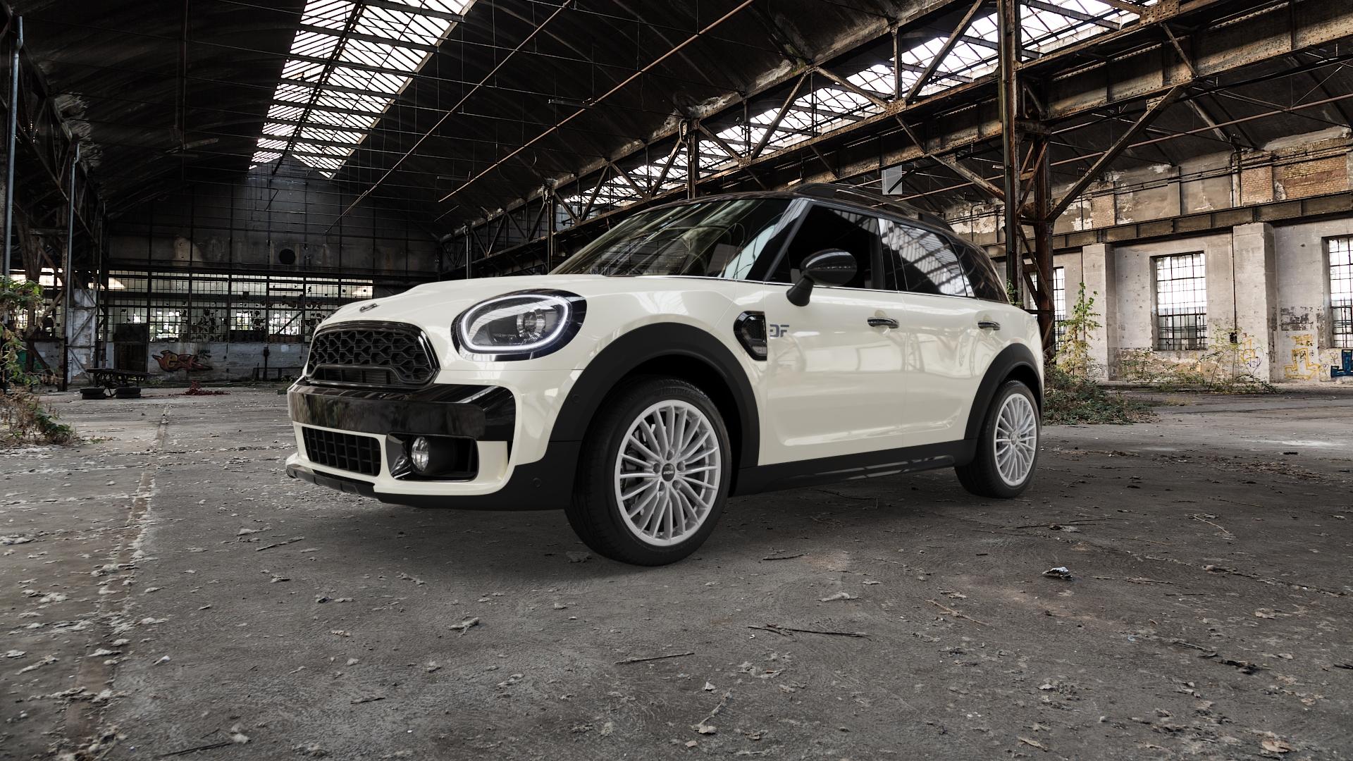 RONAL R68 HYPER GREY Felge mit Reifen grau silber in 18Zoll Winterfelge Alufelge auf weissem Mini F60 Typ FMX (Countryman) ⬇️ mit 15mm Tieferlegung ⬇️ Old Industrial Hall_max5000mm_2022 Frontansicht_1
