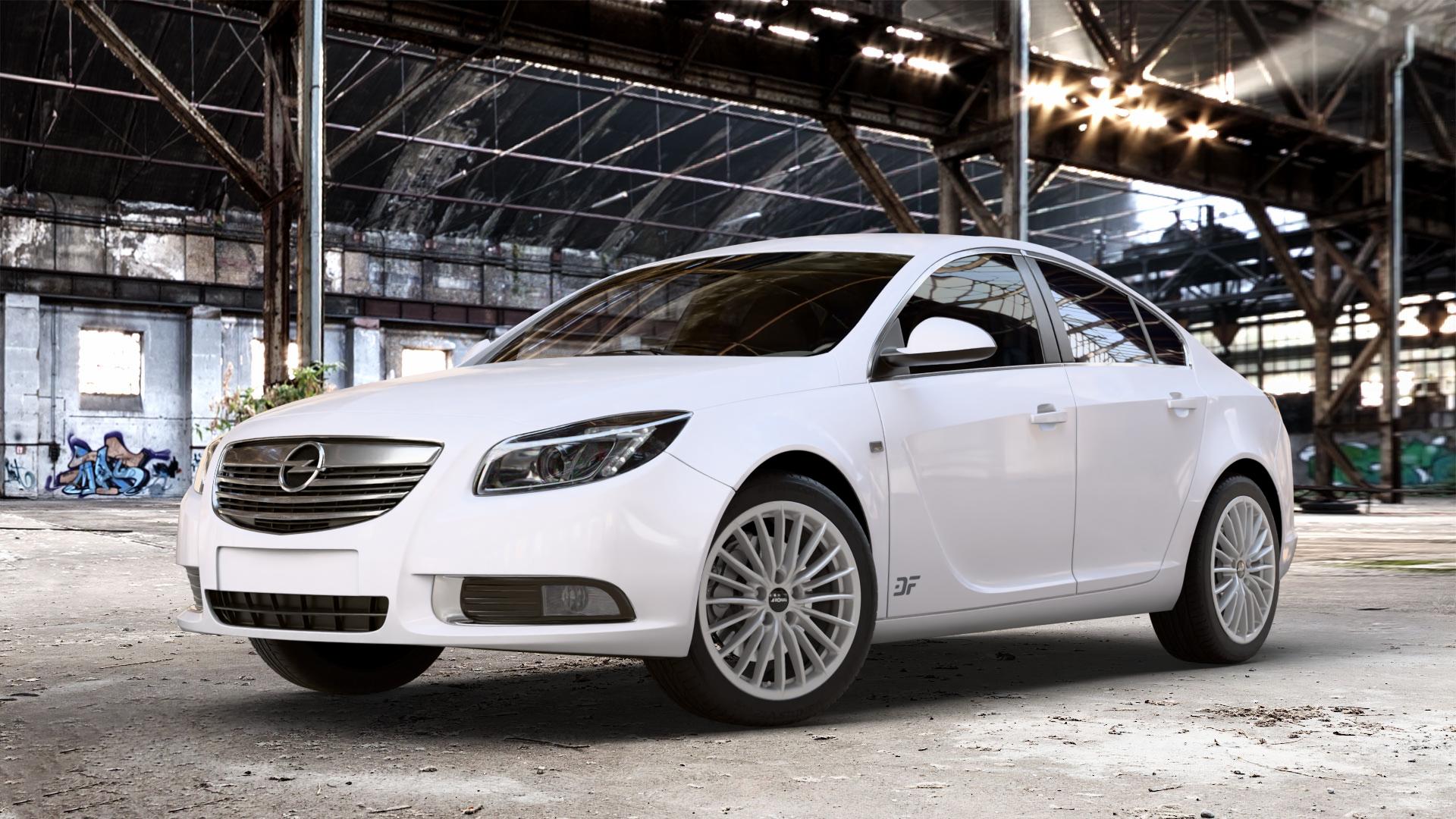 RONAL R68 HYPER GREY Felge mit Reifen grau silber in 18Zoll Winterfelge Alufelge auf weissem Opel Insignia I Stufenheck Fließheck Facelift ⬇️ mit 15mm Tieferlegung ⬇️ Old Industrial Hall_max_4400mm_2024 Frontansicht_1
