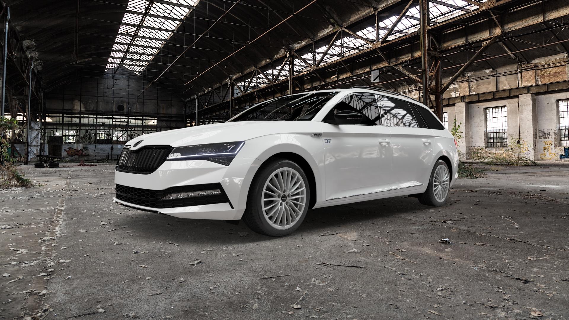 RONAL R68 HYPER GREY Felge mit Reifen grau silber in 18Zoll Winterfelge Alufelge auf weissem Skoda Superb III Kombi Typ 3V Facelift ⬇️ mit 15mm Tieferlegung ⬇️ Old Industrial Hall_max5000mm_2022 Frontansicht_1