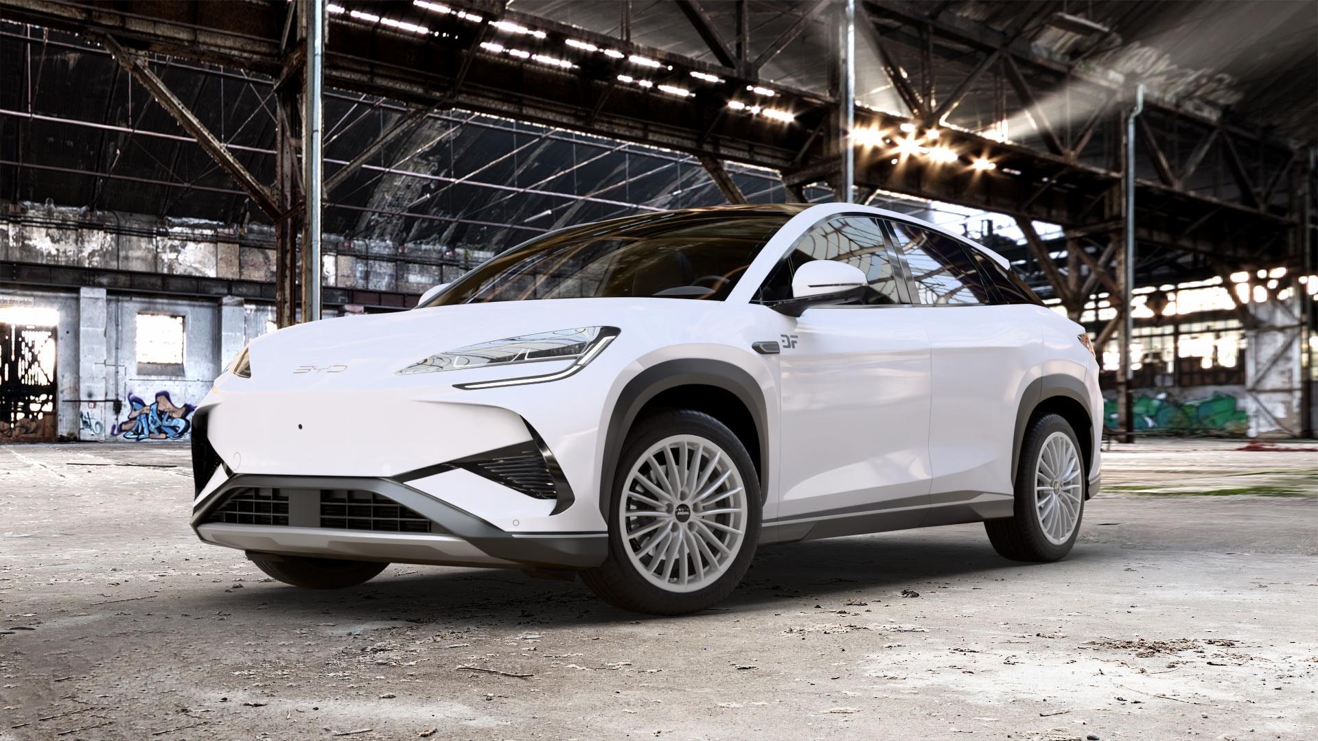 RONAL R68 HYPER GREY Felge mit Reifen grau silber in 19Zoll Winterfelge Alufelge auf weissem BYD Sealion 7 0,0l 70kW (95 PS) AWD 145kW (197 ⬇️ mit 15mm Tieferlegung ⬇️ Old Industrial Hall_max_5300mm_2024 Frontansicht_1