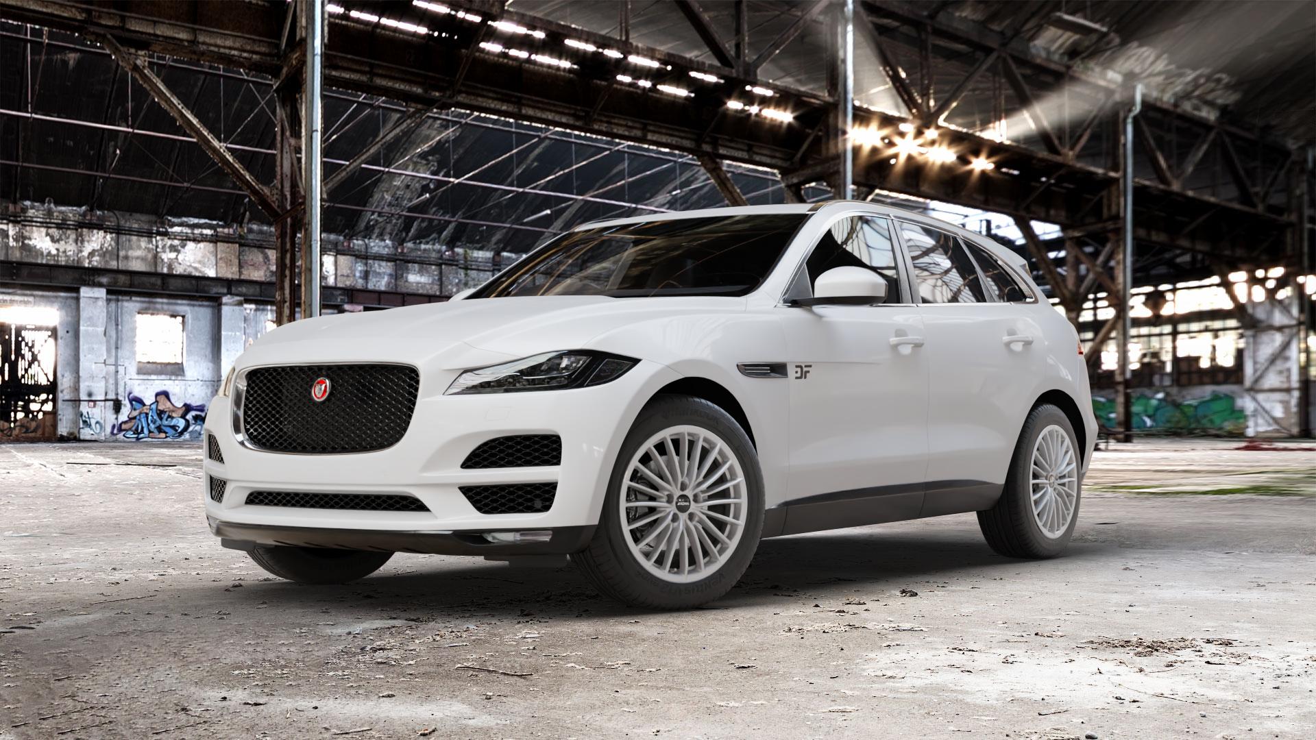 RONAL R68 HYPER GREY Felge mit Reifen grau silber in 19Zoll Winterfelge Alufelge auf weissem Jaguar F-Pace Typ DC ⬇️ mit 15mm Tieferlegung ⬇️ Old Industrial Hall_max_5300mm_2024 Frontansicht_1