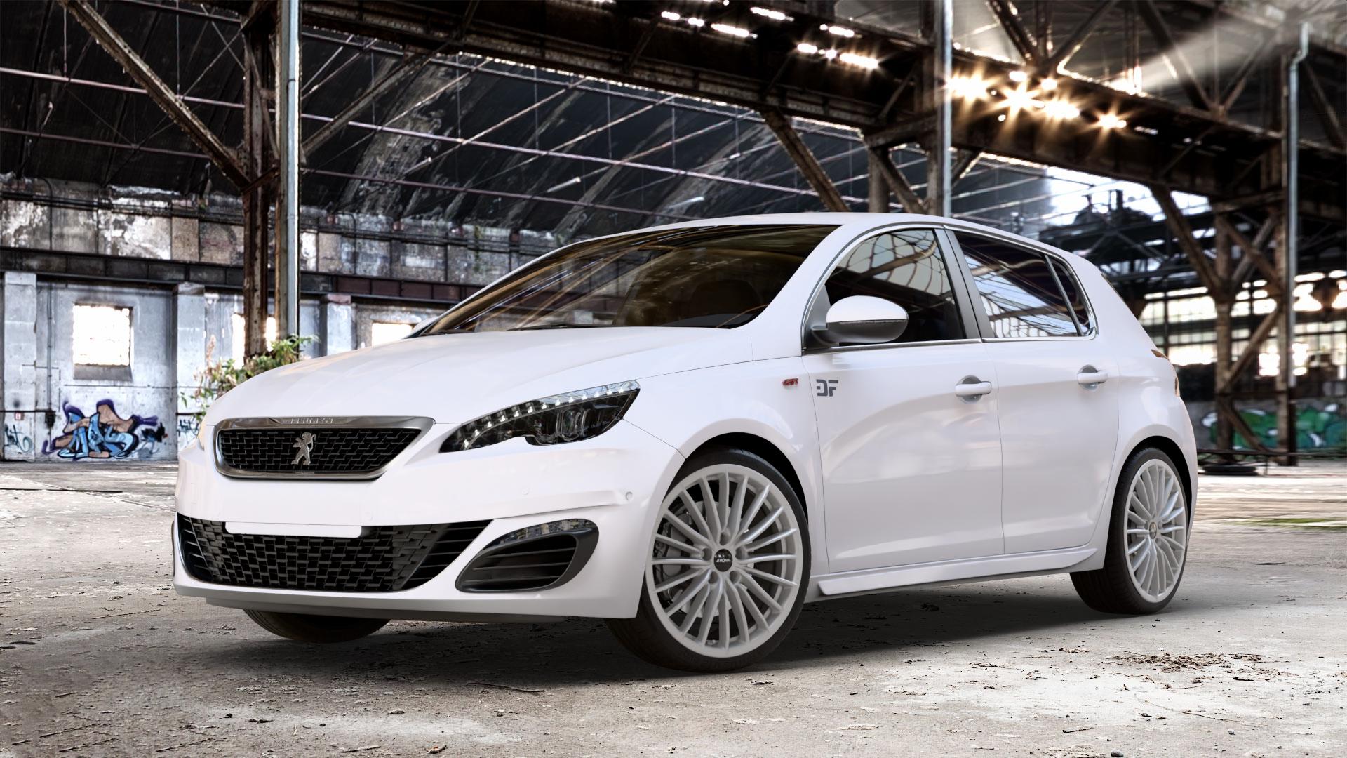RONAL R68 HYPER GREY Felge mit Reifen grau silber in 19Zoll Winterfelge Alufelge auf weissem Peugeot 308 II Typ L Facelift ⬇️ mit 15mm Tieferlegung ⬇️ Old Industrial Hall_max_4400mm_2024 Frontansicht_1