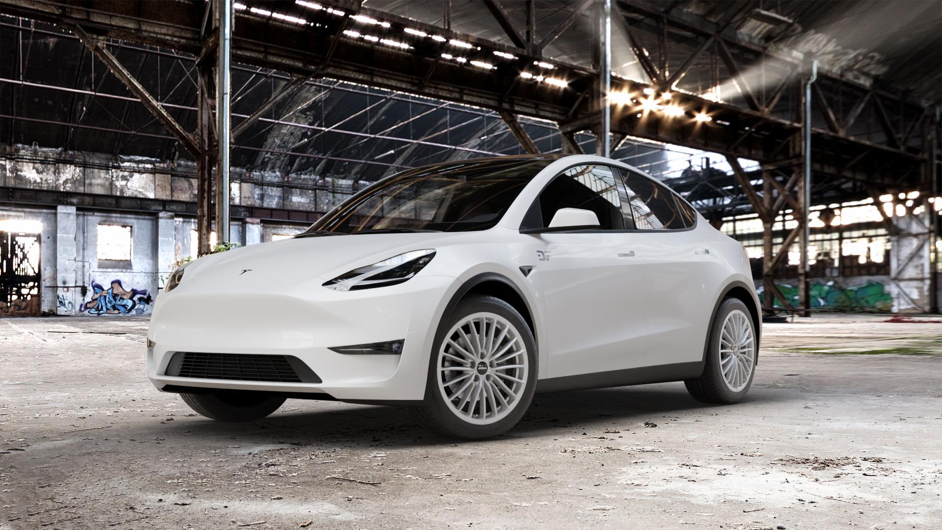 RONAL R68 HYPER GREY Felge mit Reifen grau silber in 19Zoll Winterfelge Alufelge auf weissem Tesla Model Y Typ 003 003/005 ⬇️ mit 15mm Tieferlegung ⬇️ Old Industrial Hall_max_5300mm_2024 Frontansicht_1