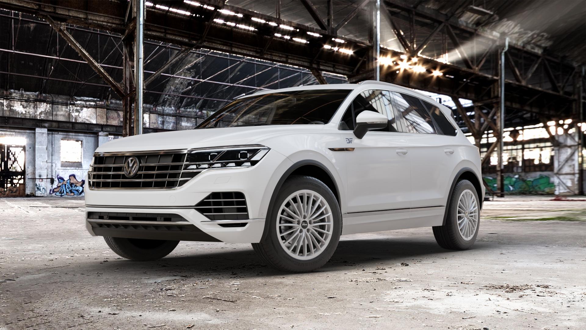 RONAL R68 HYPER GREY Felge mit Reifen grau silber in 19Zoll Winterfelge Alufelge auf weissem Volkswagen (VW) Touareg III Typ CR ⬇️ mit 15mm Tieferlegung ⬇️ Old Industrial Hall_max_5300mm_2024 Frontansicht_1