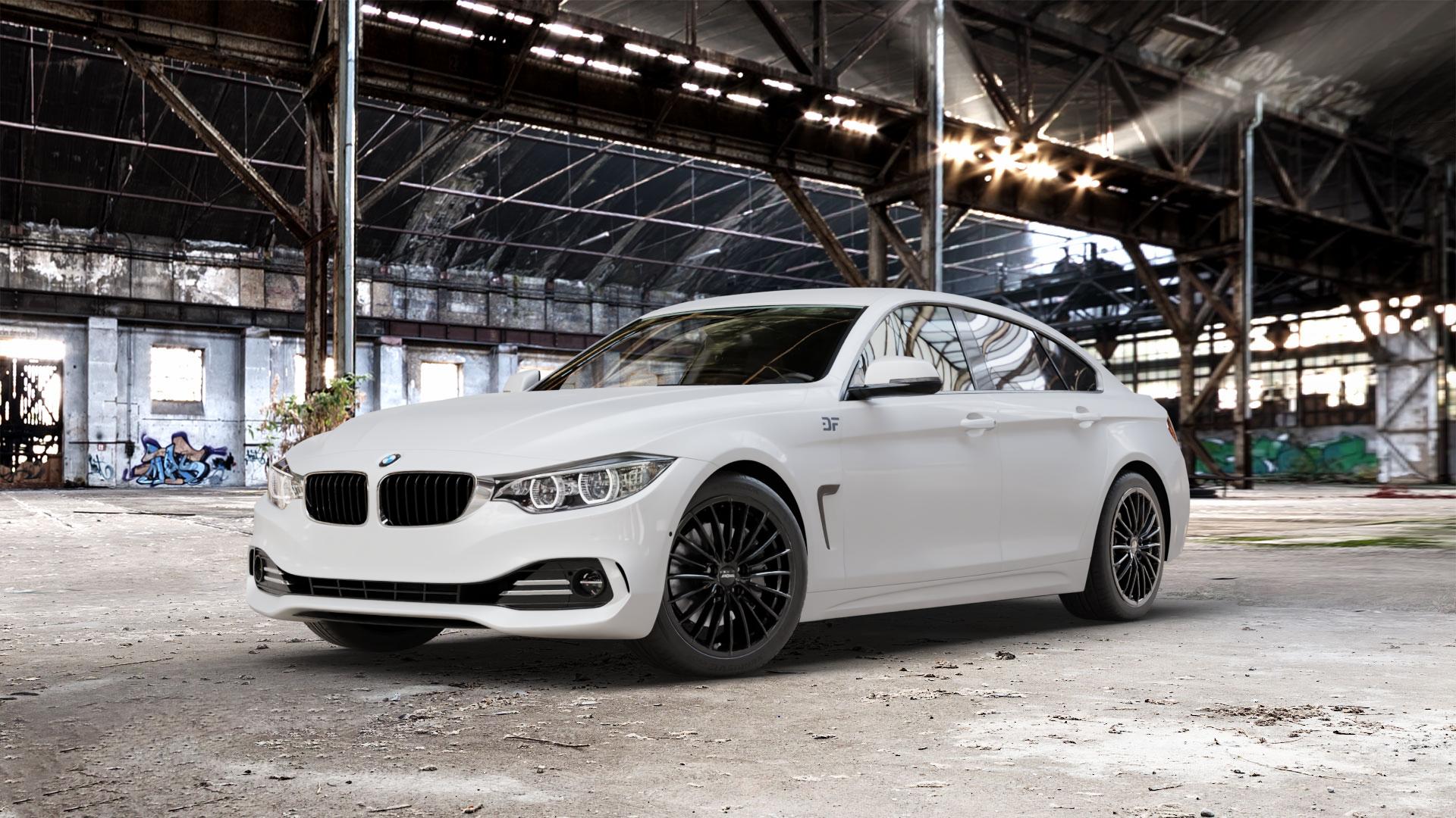 RONAL R68 JETBLACK Felge mit Reifen schwarz in 18Zoll Winterfelge Alufelge auf weissem BMW 418d Typ F36 (Gran Coupe) 420d xDrive 420i 428i 435i 430d 440i 418i 430i 425d 4er Gran Coupe (3C) ⬇️ mit 15mm Tieferlegung ⬇️ Old Industrial Hall_max_5300mm_2024 Frontansicht_1