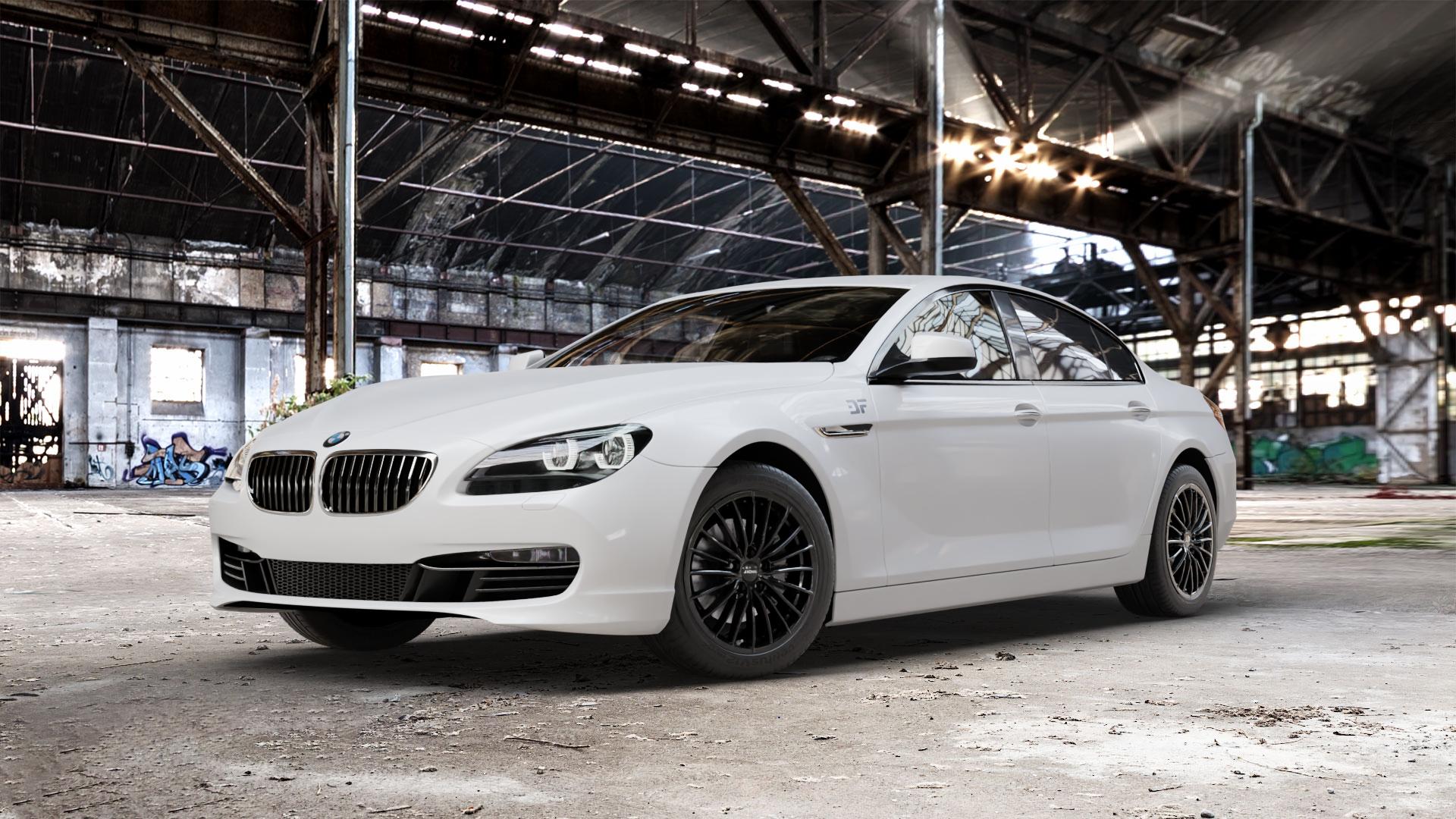 RONAL R68 JETBLACK Felge mit Reifen schwarz in 18Zoll Winterfelge Alufelge auf weissem BMW 6er F06 Gran Coupe (6C) ⬇️ mit 15mm Tieferlegung ⬇️ Old Industrial Hall_max_5300mm_2024 Frontansicht_1