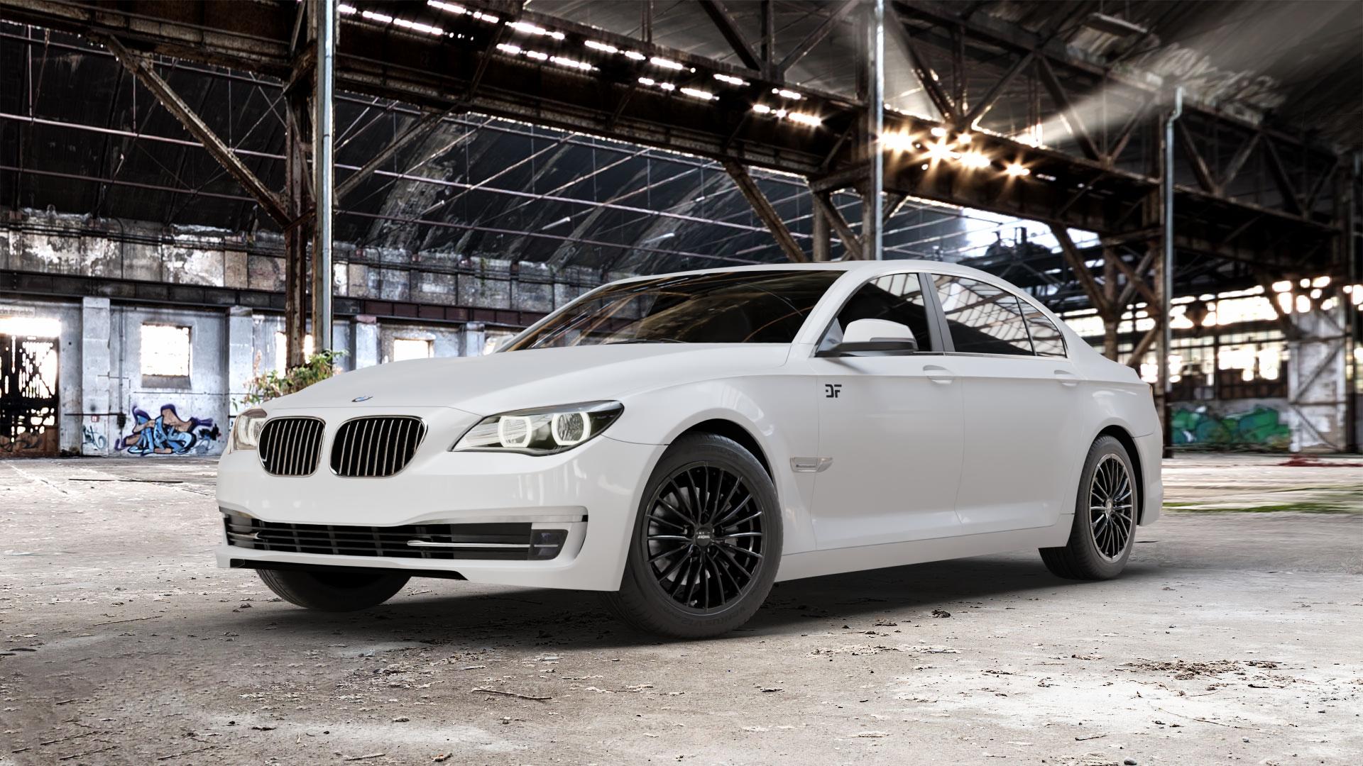 RONAL R68 JETBLACK Felge mit Reifen schwarz in 18Zoll Winterfelge Alufelge auf weissem BMW 7er F01 Limousine (7L, 701, HY) F02 lang ⬇️ mit 15mm Tieferlegung ⬇️ Old Industrial Hall_max_5300mm_2024 Frontansicht_1