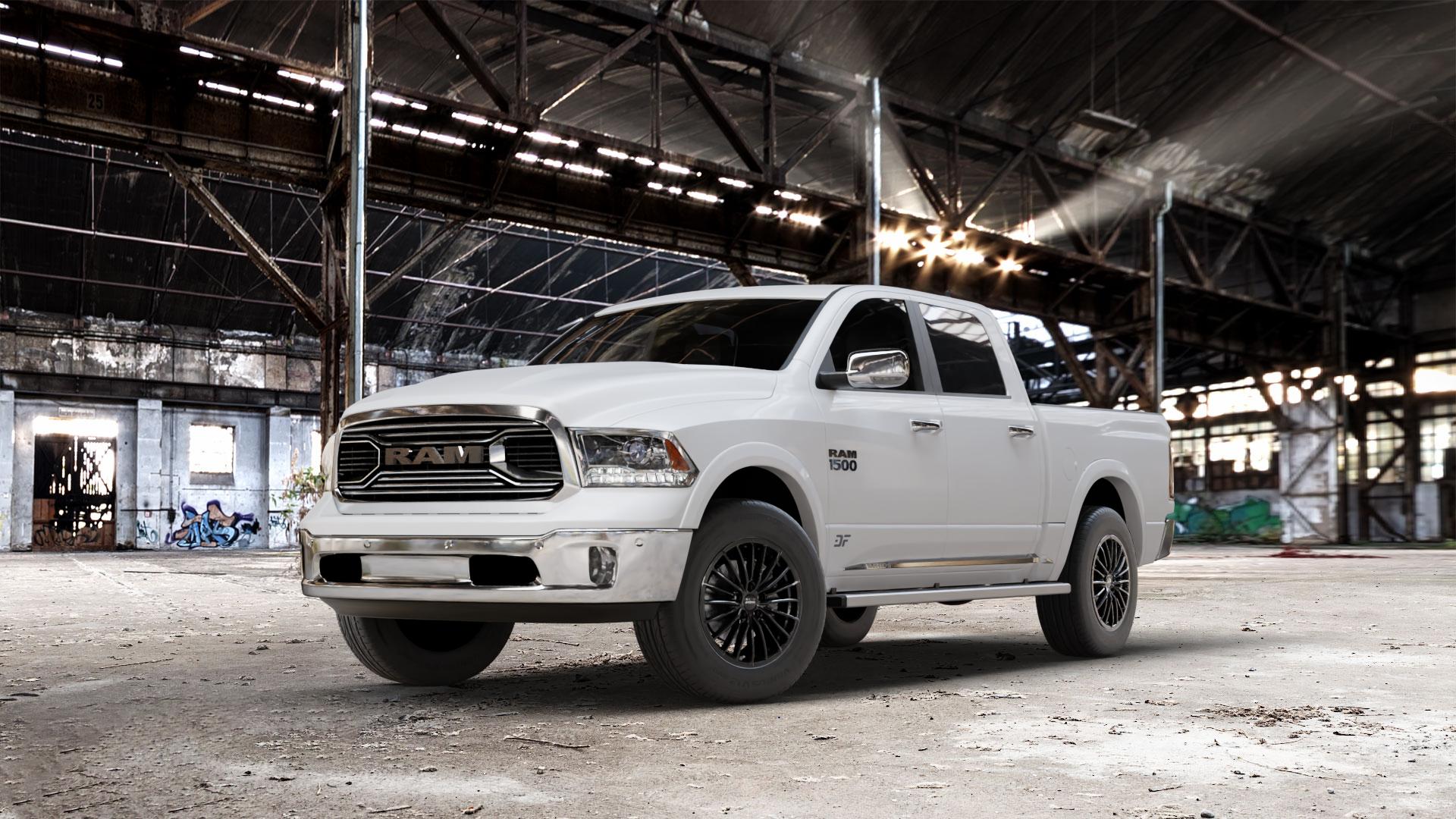 RONAL R68 JETBLACK Felge mit Reifen schwarz in 18Zoll Winterfelge Alufelge auf weissem Dodge RAM 1500 IV Typ DJ, DS ⬇️ mit 15mm Tieferlegung ⬇️ Old Industrial Hall_max_7000mm_2024 Frontansicht_1