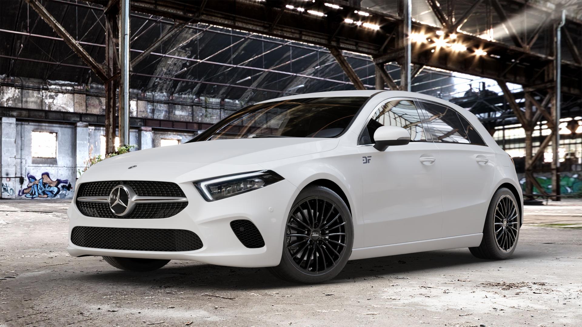 RONAL R68 JETBLACK Felge mit Reifen schwarz in 18Zoll Winterfelge Alufelge auf weissem Mercedes A-Klasse IV Typ 177 (F2A) Schrägheck 2,0l A 250 165kW (224 PS) 1,3l 200 120kW (163 1,5l 180d 85kW (116 160 80kW (109 180 100kW (136 220 140kW (190 4Mat ⬇️ mit 15mm Tieferlegung ⬇️ Old Industrial Hall_max_4400mm_2024 Frontansicht_1