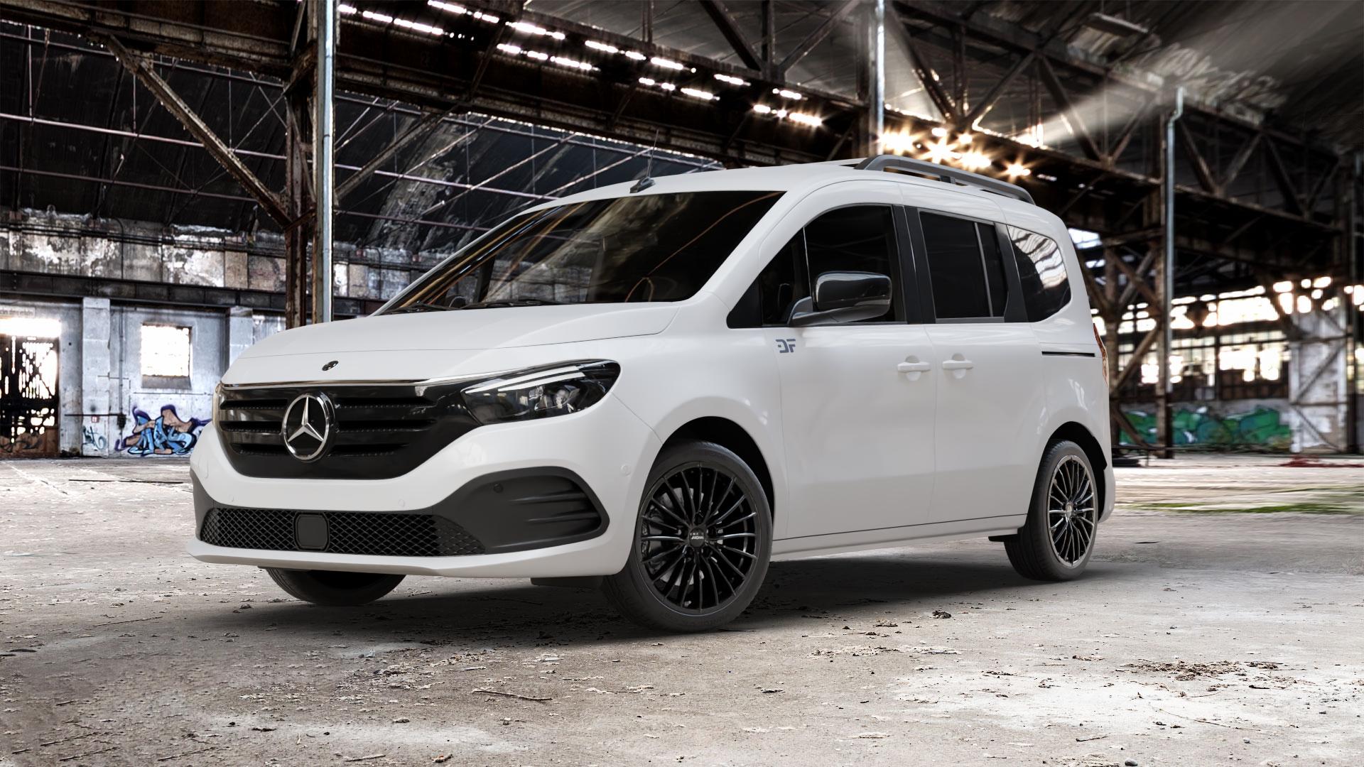 RONAL R68 JETBLACK Felge mit Reifen schwarz in 18Zoll Winterfelge Alufelge auf weissem Mercedes EQT Typ MFK ⬇️ mit 15mm Tieferlegung ⬇️ Old Industrial Hall_max_5300mm_2024 Frontansicht_1