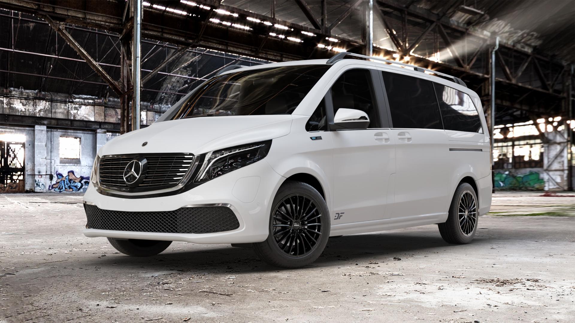 RONAL R68 JETBLACK Felge mit Reifen schwarz in 18Zoll Winterfelge Alufelge auf weissem Mercedes EQV Typ 639/2 ⬇️ mit 15mm Tieferlegung ⬇️ Old Industrial Hall_max_5300mm_2024 Frontansicht_1