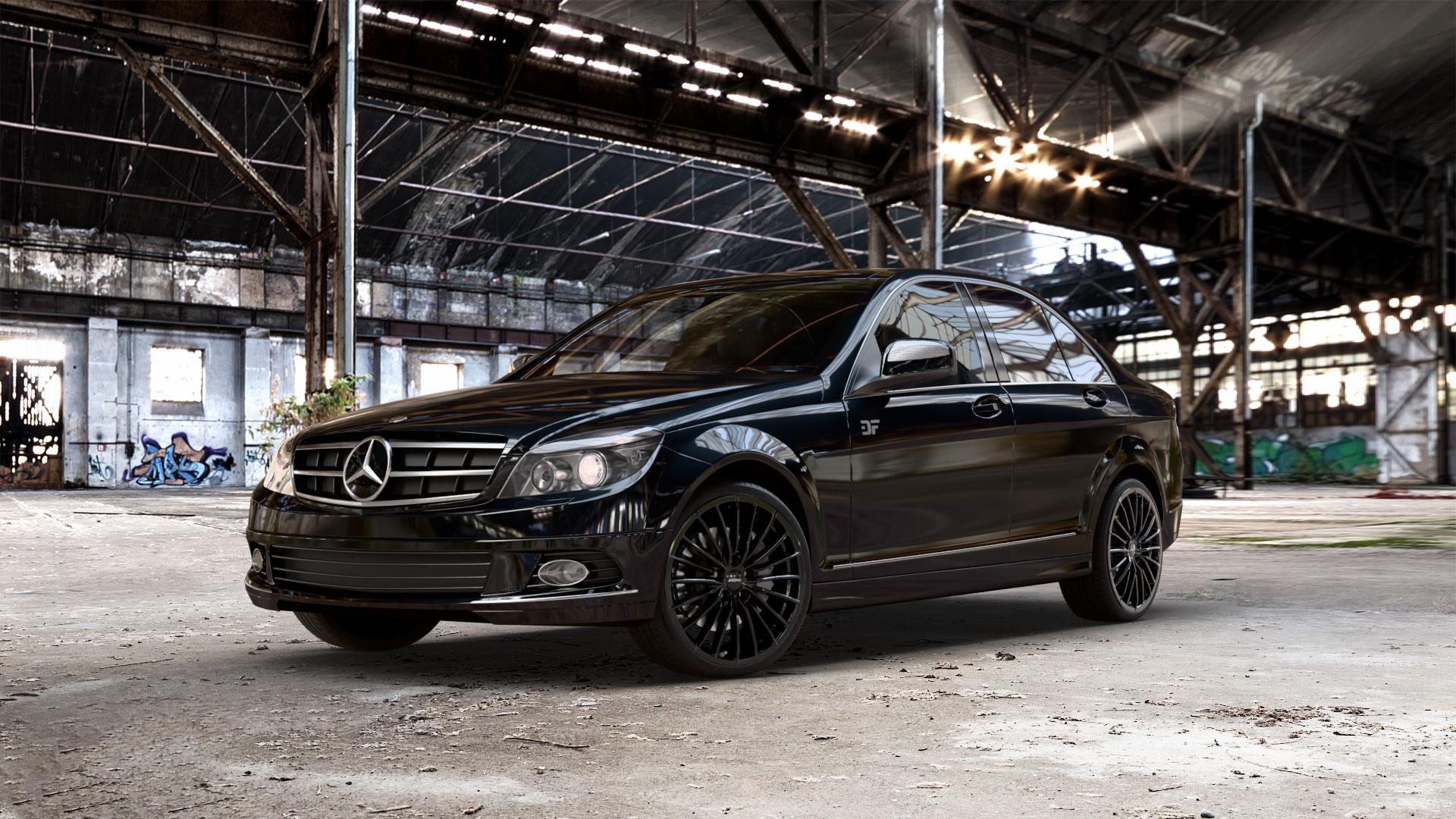 RONAL R68 JETBLACK Felge mit Reifen schwarz in 19Zoll Winterfelge Alufelge auf schwarzem metallic Mercedes C-Klasse Typ W204 Limousine ⬇️ mit 15mm Tieferlegung ⬇️ Old Industrial Hall_max_5300mm_2024 Frontansicht_1