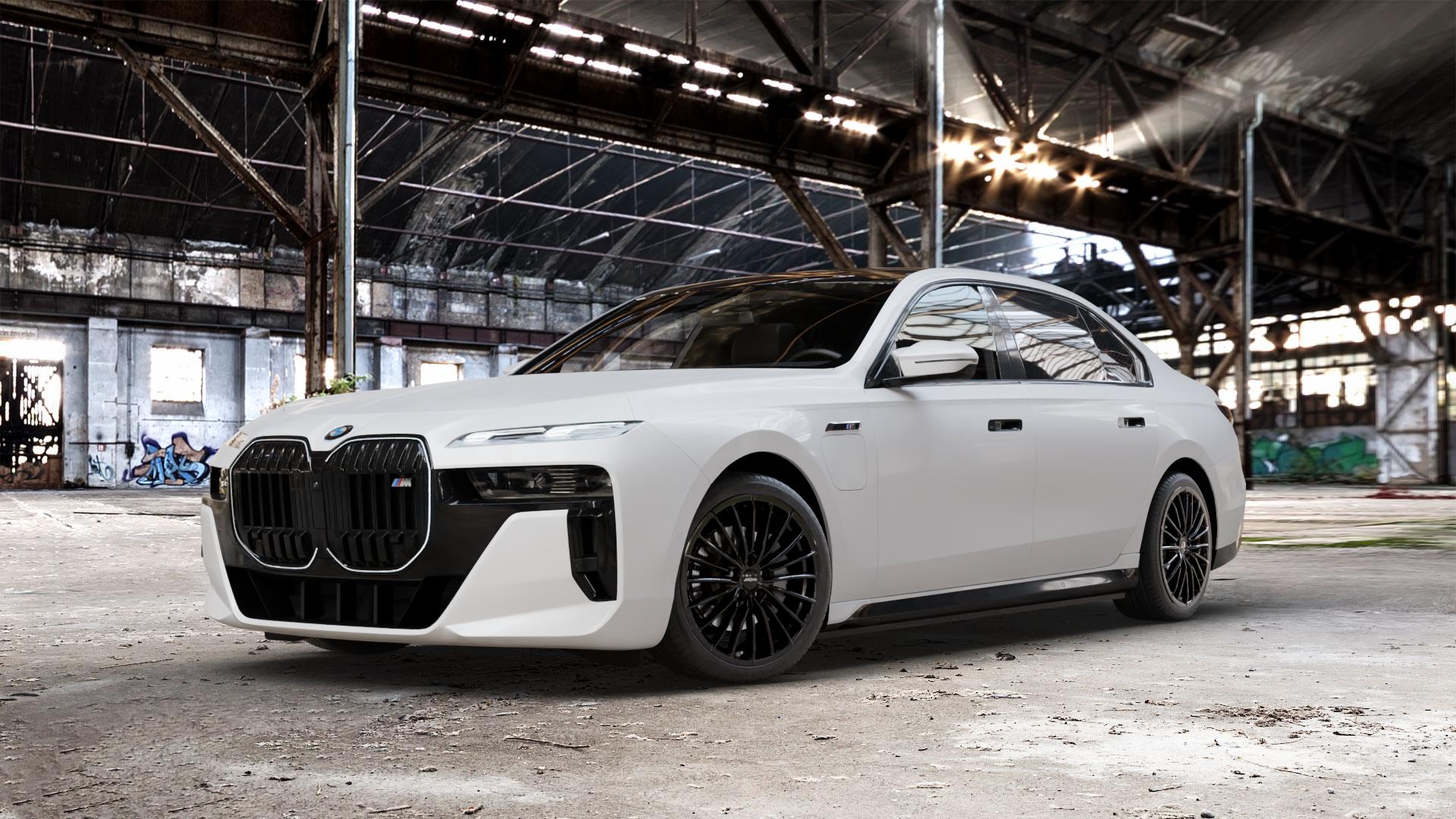 RONAL R68 JETBLACK Felge mit Reifen schwarz in 19Zoll Winterfelge Alufelge auf weissem BMW M760e xDrive Typ G70 ⬇️ mit 15mm Tieferlegung ⬇️ Old Industrial Hall_max_5300mm_2024 Frontansicht_1