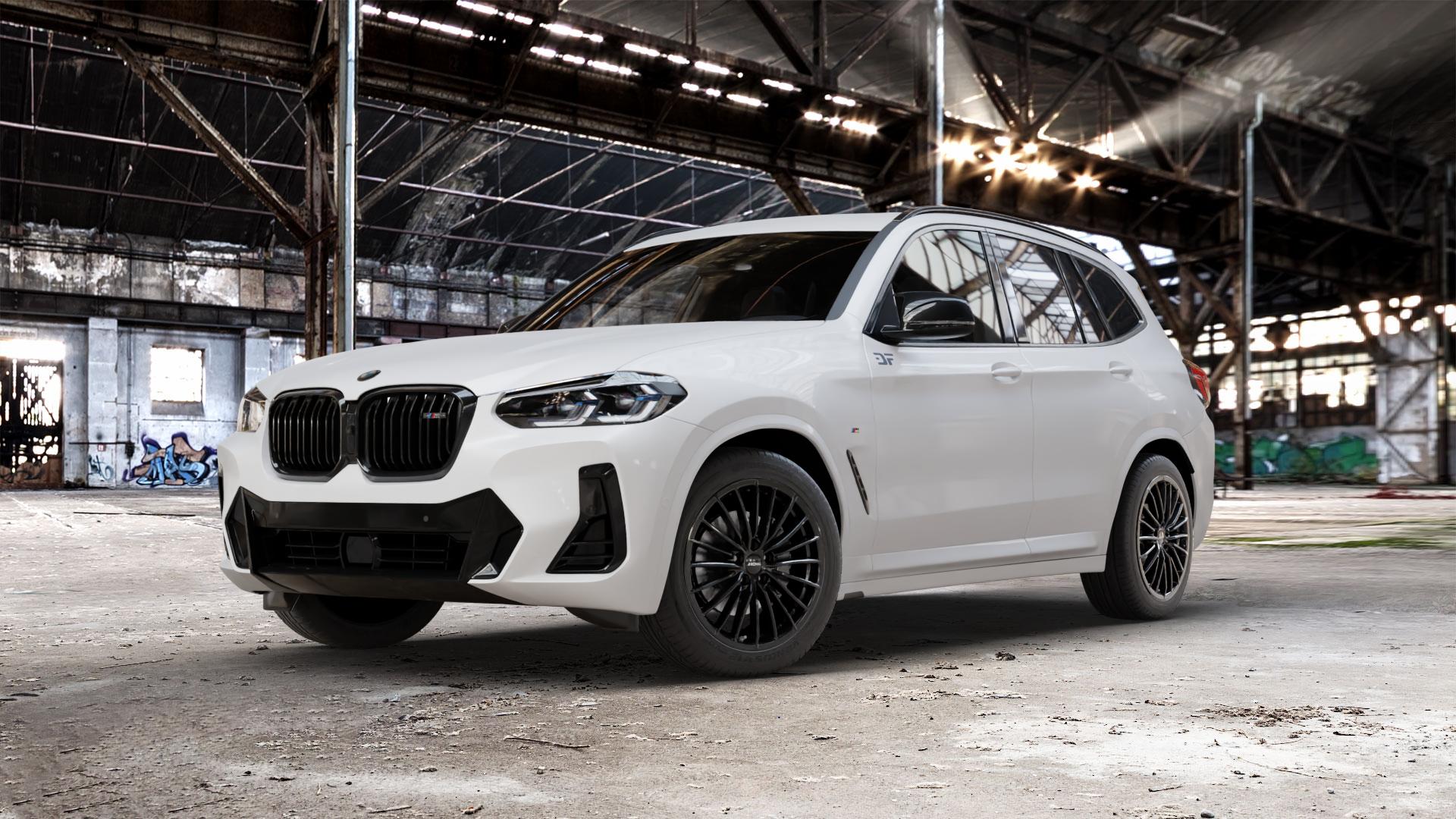 RONAL R68 JETBLACK Felge mit Reifen schwarz in 19Zoll Winterfelge Alufelge auf weissem BMW X3 Typ G01 (G3X) Facelift ⬇️ mit 15mm Tieferlegung ⬇️ Old Industrial Hall_max_5300mm_2024 Frontansicht_1