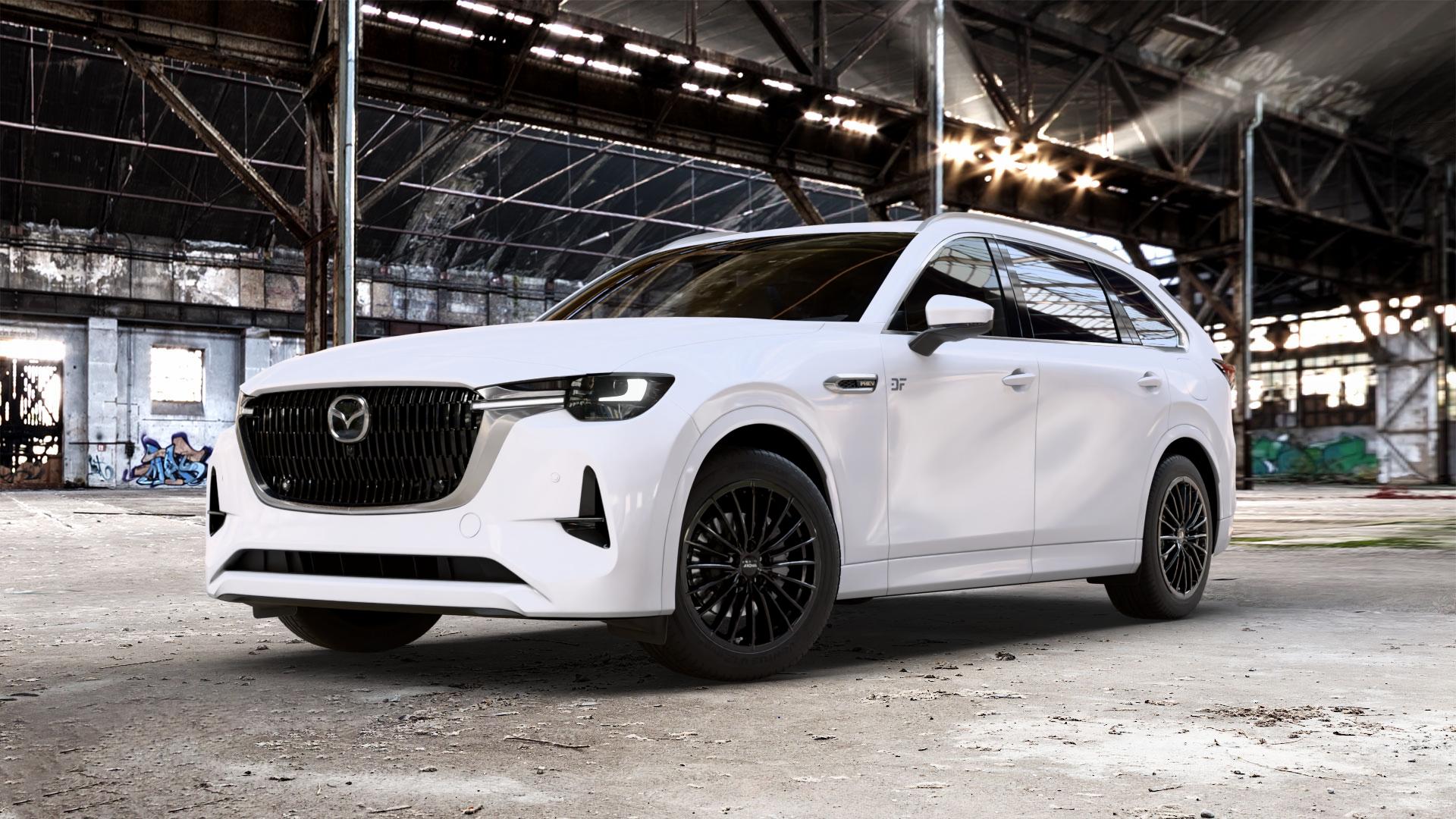RONAL R68 JETBLACK Felge mit Reifen schwarz in 19Zoll Winterfelge Alufelge auf weissem Mazda CX-80 Typ KL01 ⬇️ mit 15mm Tieferlegung ⬇️ Old Industrial Hall_max_5300mm_2024 Frontansicht_1