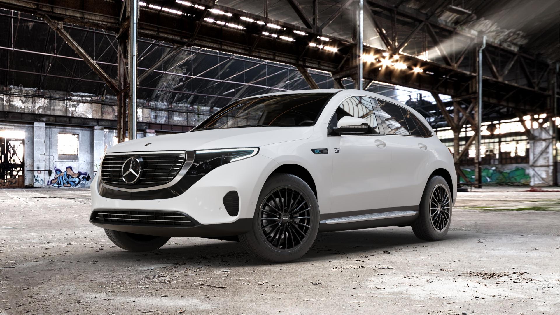 RONAL R68 JETBLACK Felge mit Reifen schwarz in 19Zoll Winterfelge Alufelge auf weissem Mercedes EQC Typ N 293 (204 X) ⬇️ mit 15mm Tieferlegung ⬇️ Old Industrial Hall_max_5300mm_2024 Frontansicht_1